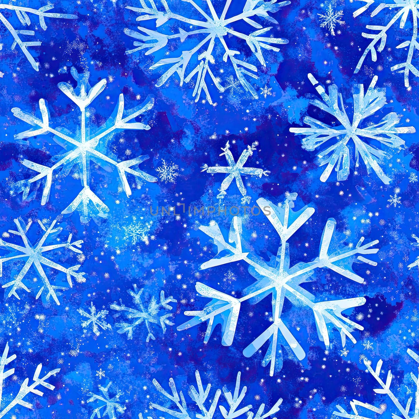 Delicate snowflakes of various shapes and sizes create a stunning pattern against a deep blue backdrop, reflecting the charm of a winter wonderland.