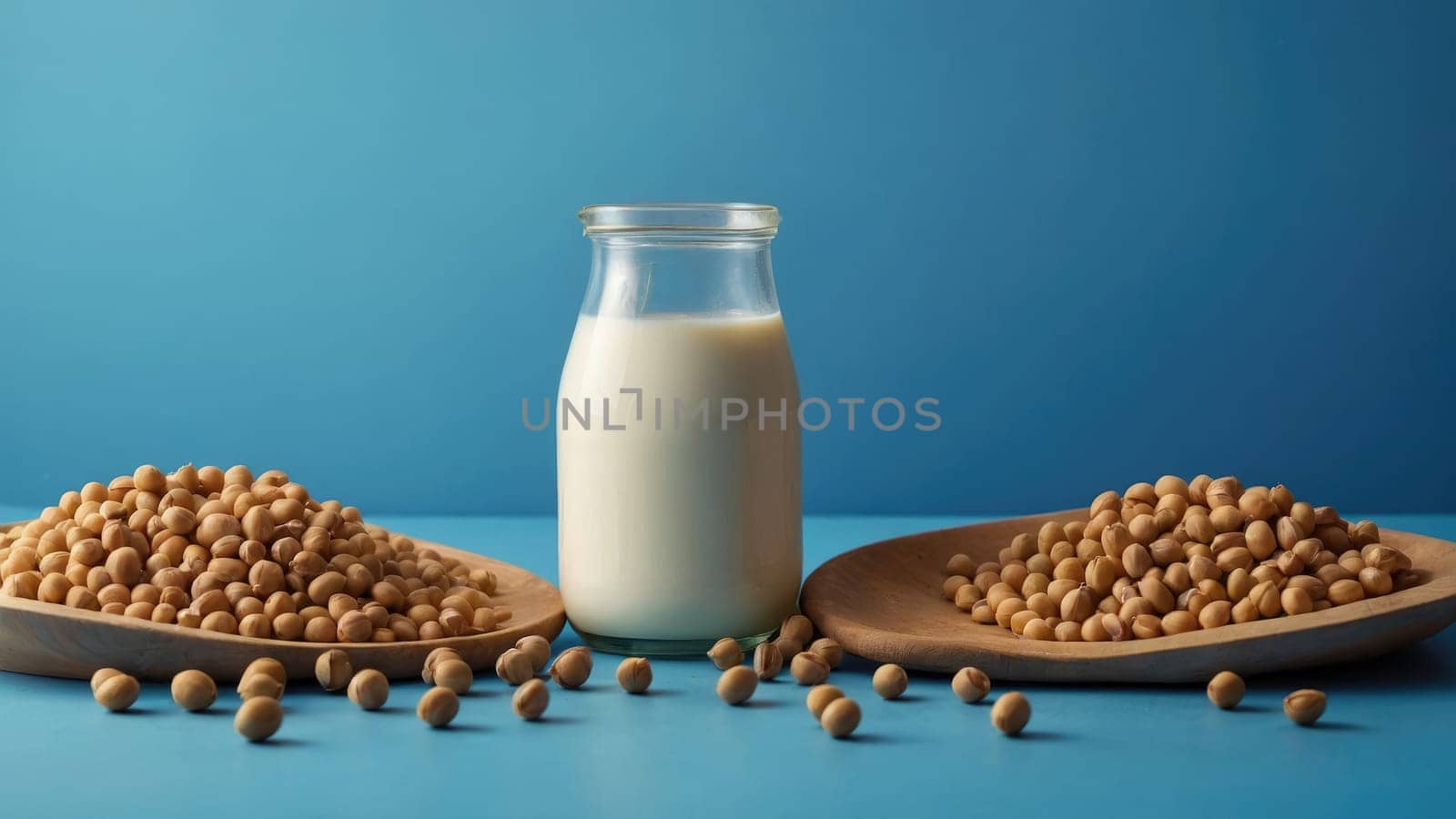 Glass Bottle of Creamy Soy Milk Surrounded by Nutritious Soy Beans on a Vibrant Blue Background.