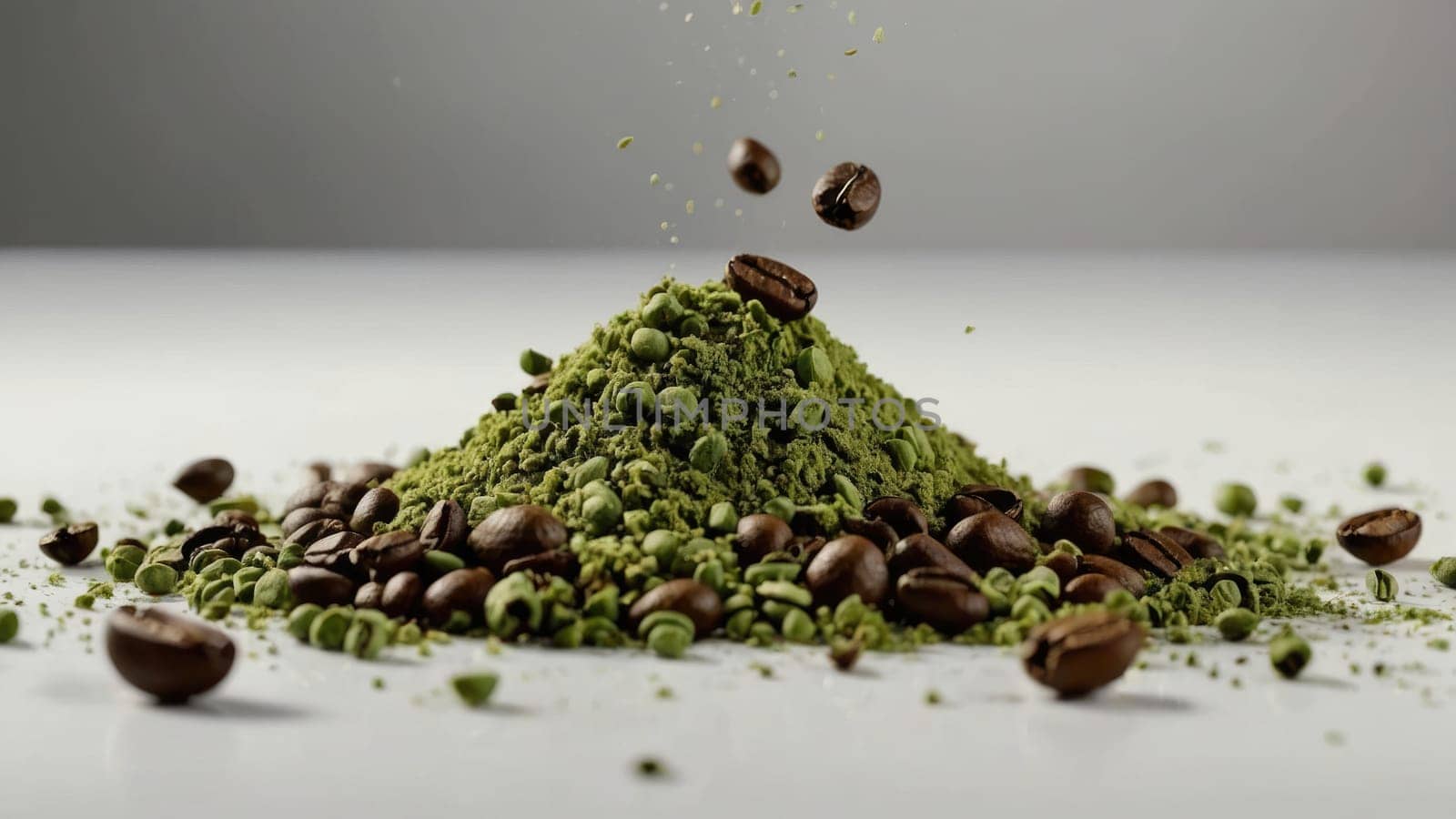 Heap of Bright Green Matcha Powder and Scattered Coffee Beans Isolated on White Background.