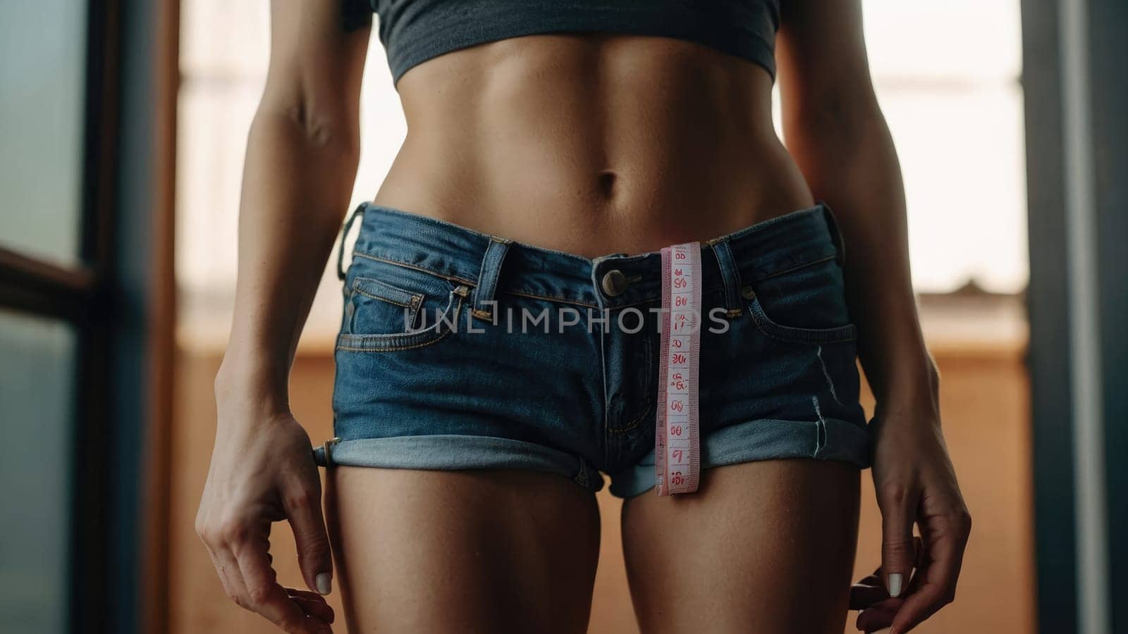 Attractive young woman with a beautiful slim figure in denim shorts.