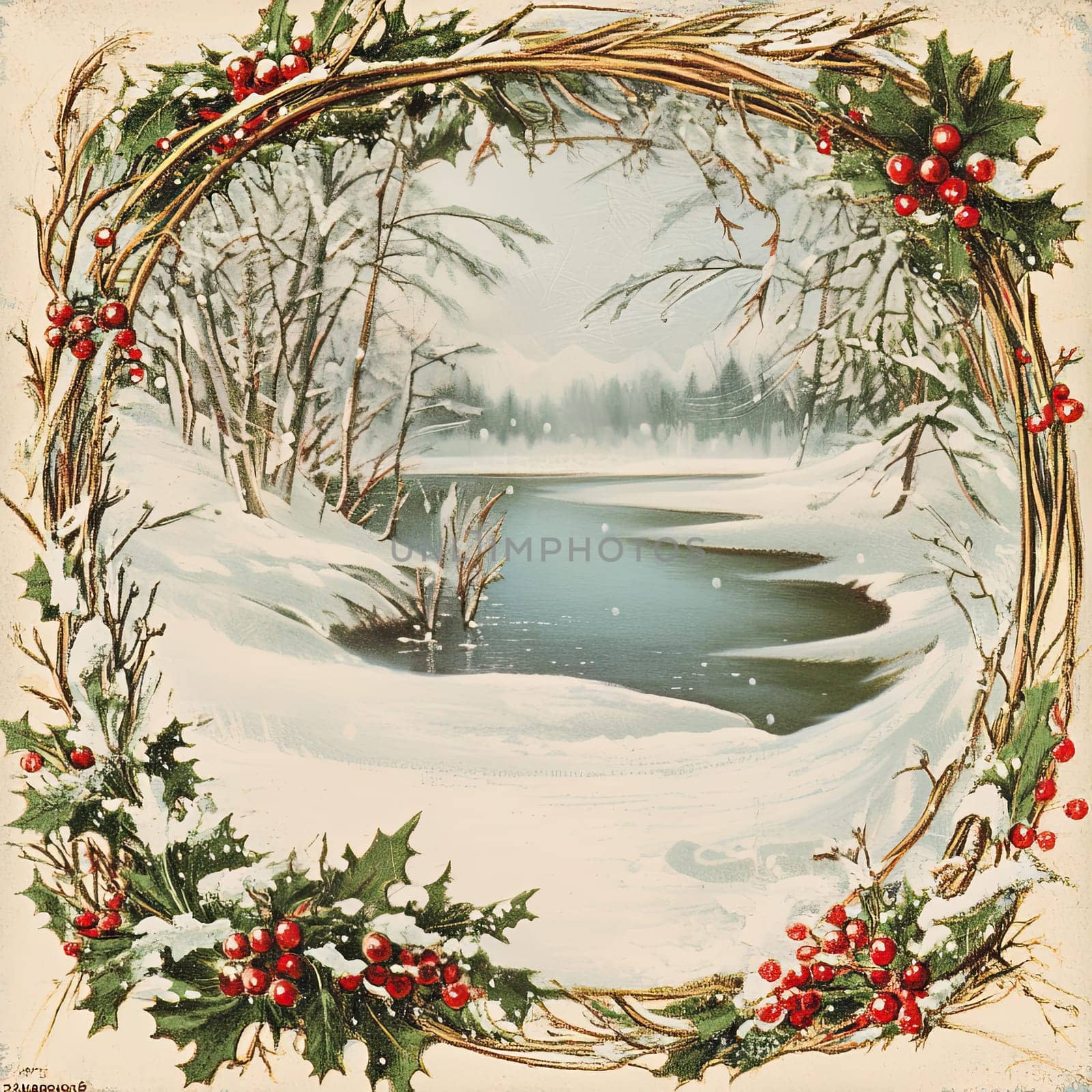 A serene winter landscape showcases a gently flowing river framed by snow-laden trees and vibrant holly berries, evoking a calm holiday spirit.