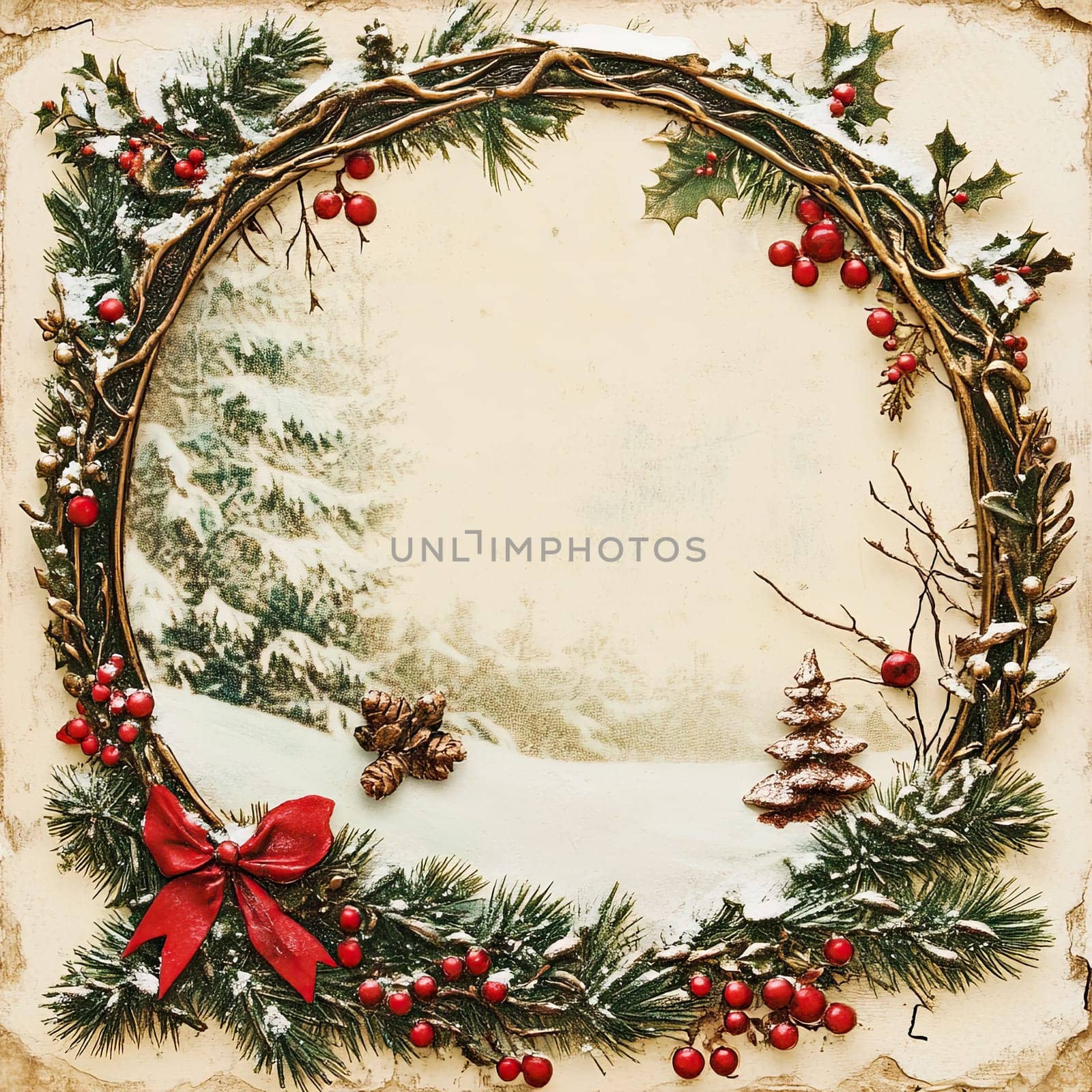A beautifully crafted winter wreath featuring lush pine branches, bright red berries, and a bow, surrounded by a tranquil snowy landscape that evokes the festive season.
