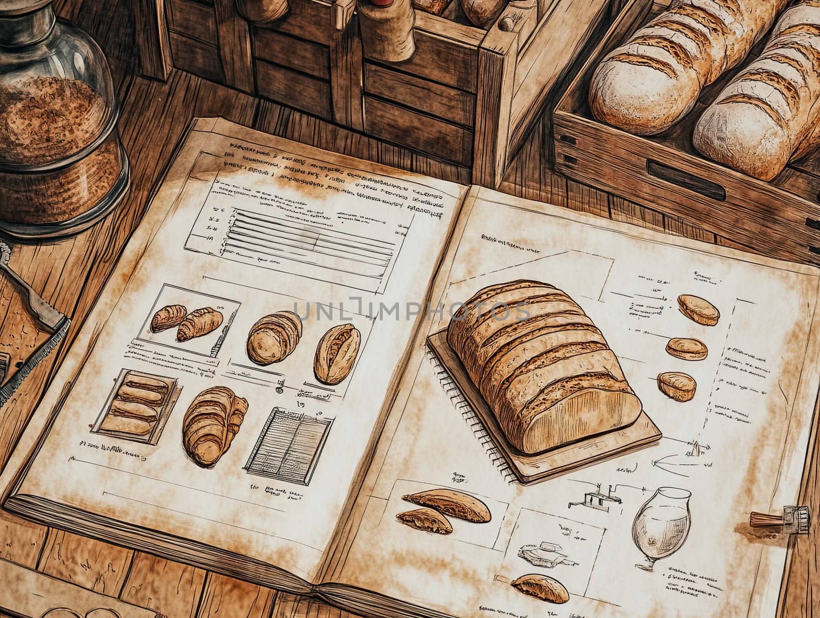 An open baking book displays various bread recipes and types next to fresh loaves, surrounded by baking utensils on a wooden tabletop, suggesting an active baking session.