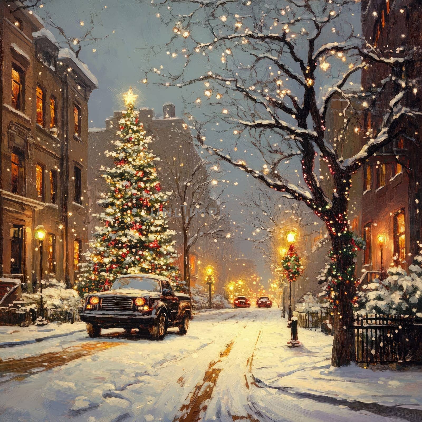 A cozy winter evening features a snow-covered street with a beautifully decorated Christmas tree, warmly lit homes, and a car driving amidst sparkling lights, evoking holiday spirit.