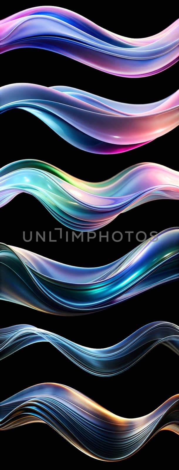 Colorful flowing waves in multiple hues undulate gracefully against a dark backdrop, showcasing a dynamic interplay of light and form. The design evokes a sense of movement and fluidity.