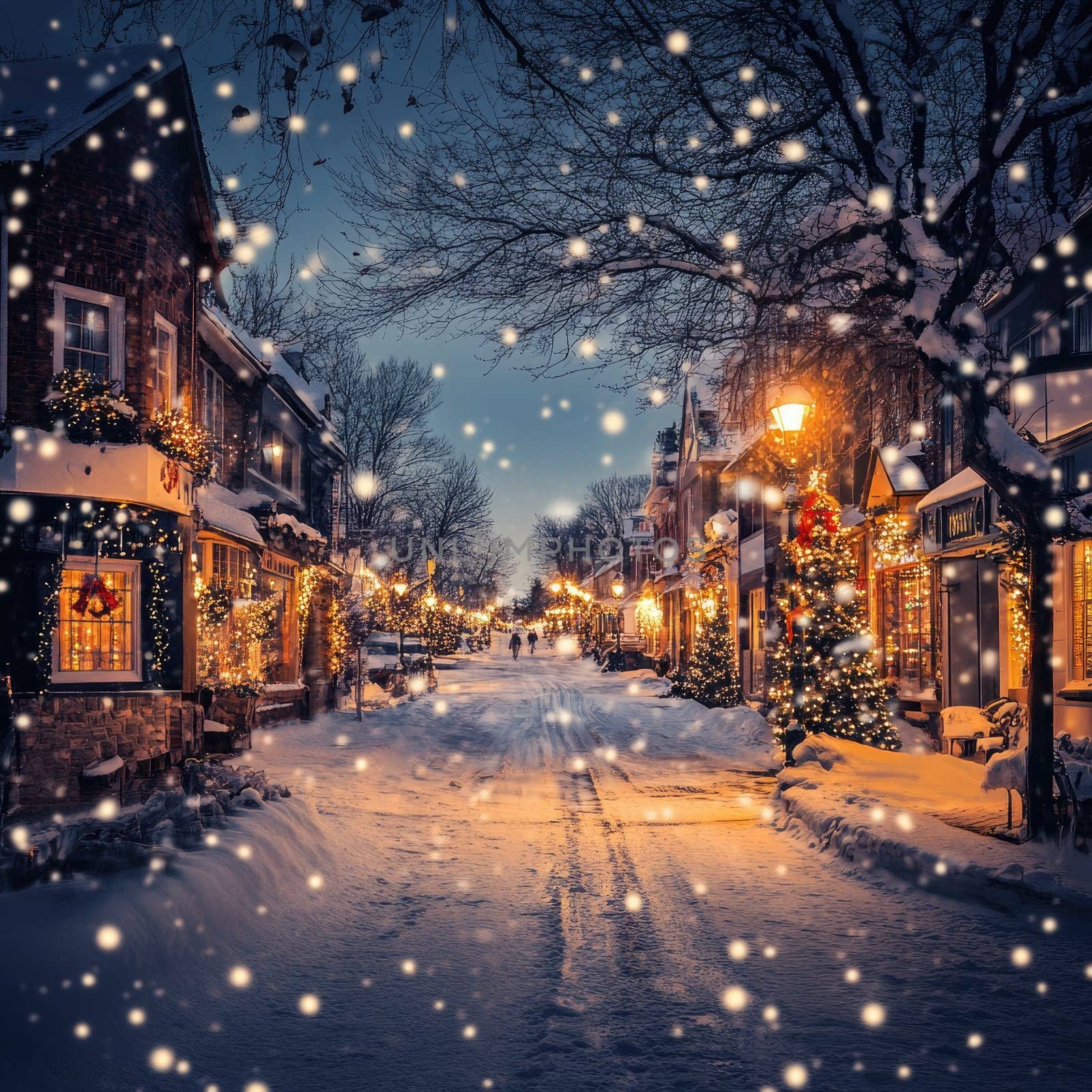 A picturesque winter evening showcases a snow-covered street lined with charming buildings. Soft snowflakes fall as colorful holiday lights illuminate the scene, creating a festive atmosphere.