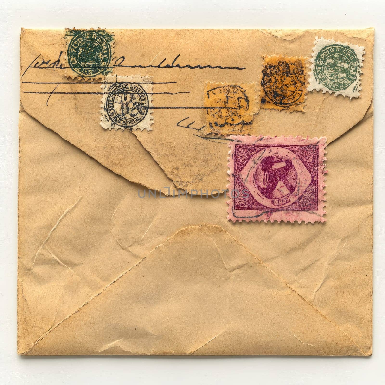 A vintage envelope featuring several colorful postage stamps and a handwritten address. The envelope shows signs of age, reflecting a rich history from the early 1900s.