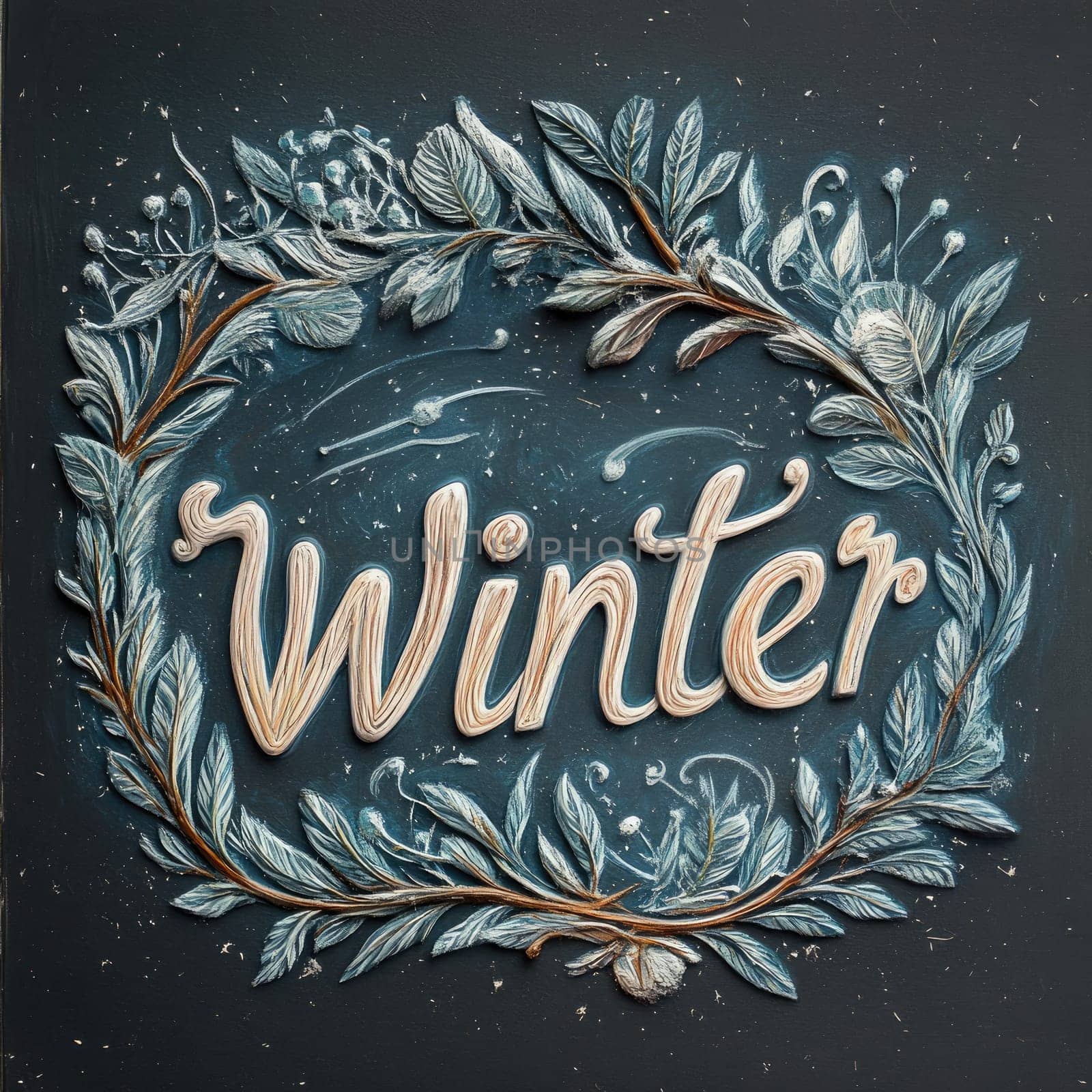 An artistic winter decoration features the word Winter crafted with delicate leaves and a textured dark backdrop, evoking a seasonal atmosphere in a cozy setting.
