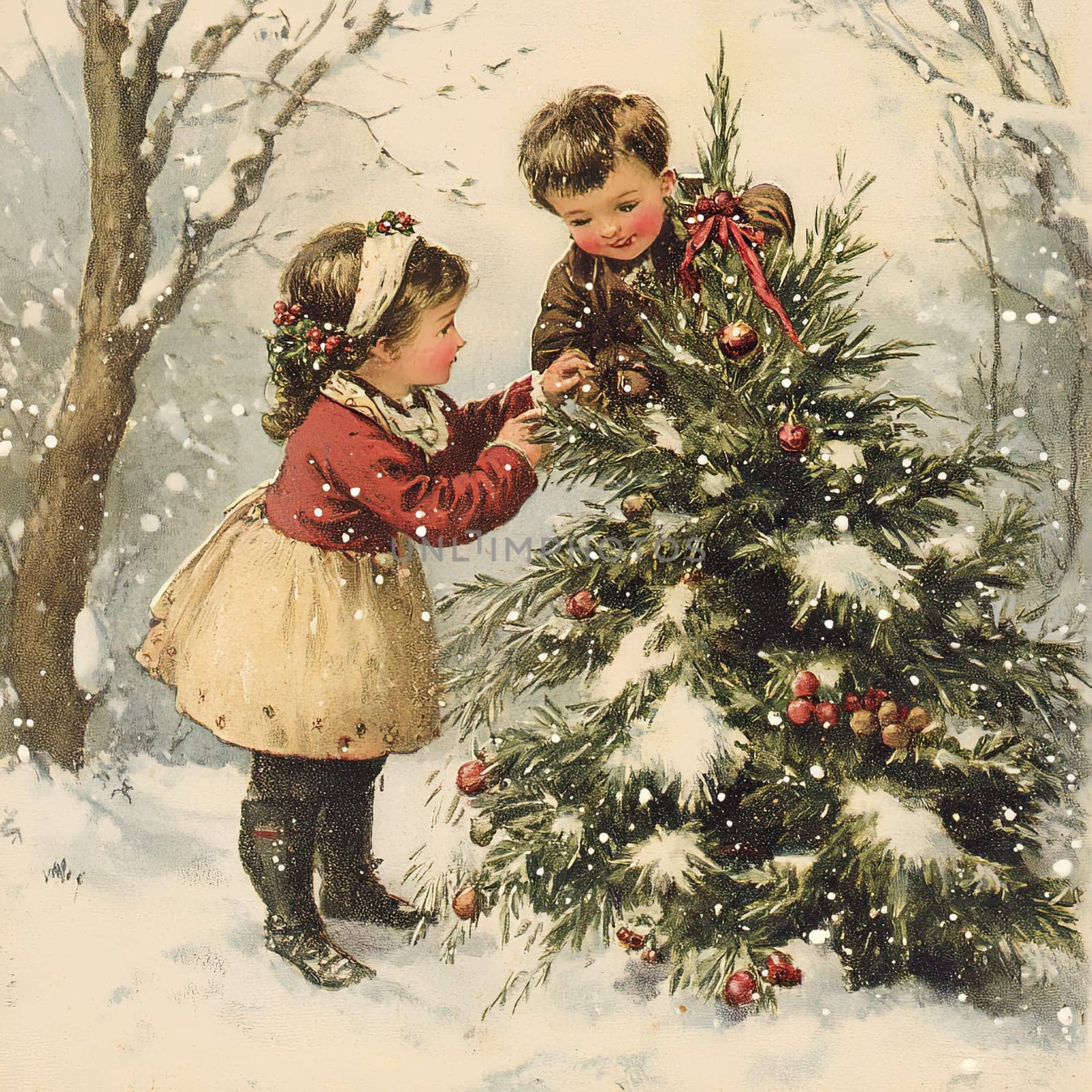Two children joyfully decorate a snow-covered Christmas tree with ornaments while enjoying the winter scenery around them.