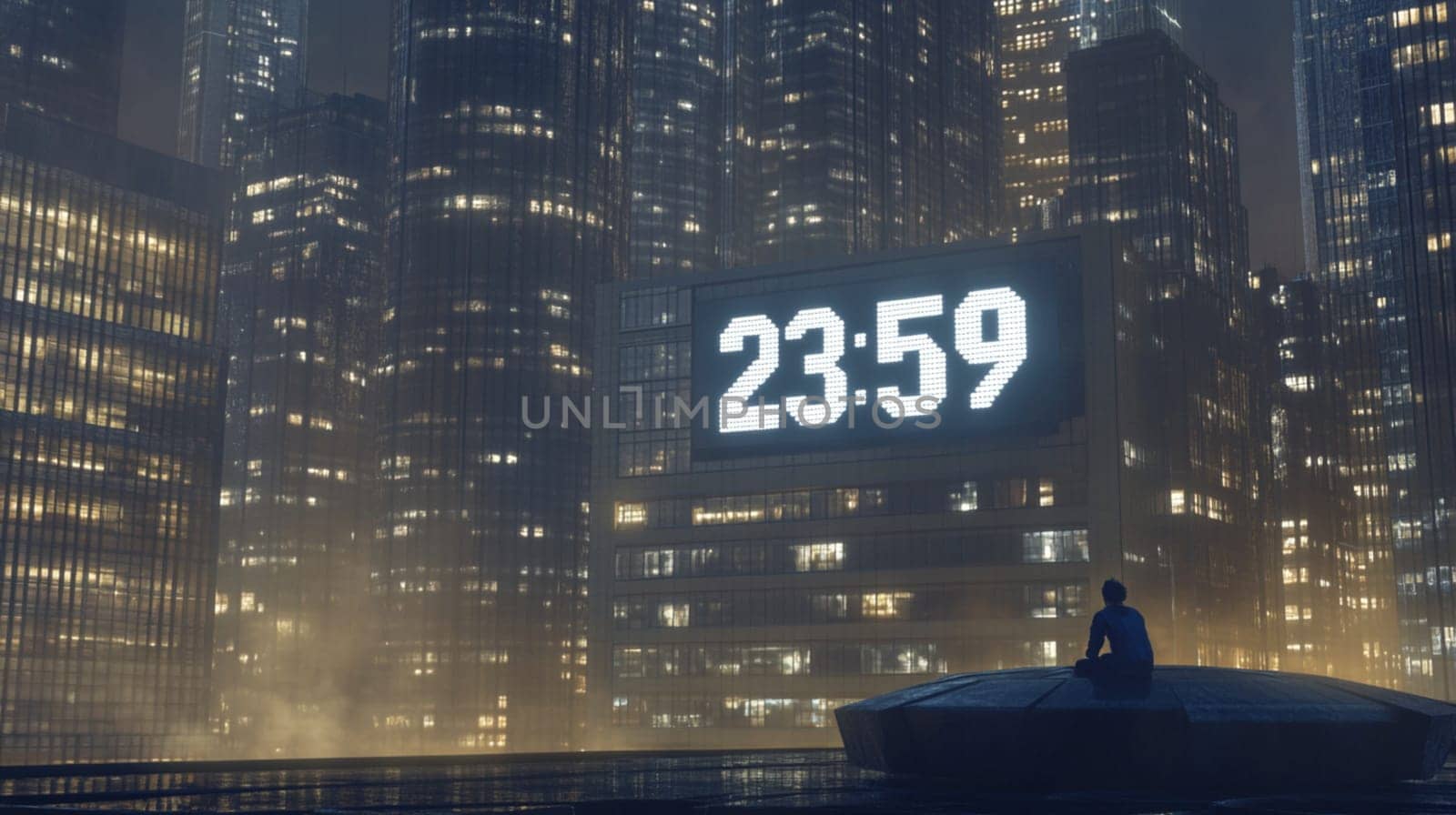 Businessman perched on a futuristic rooftop gazes at a countdown clock, surrounded by a neon cityscape. Feeling anticipation and hope, he finds inspiration in the cyberpunk world