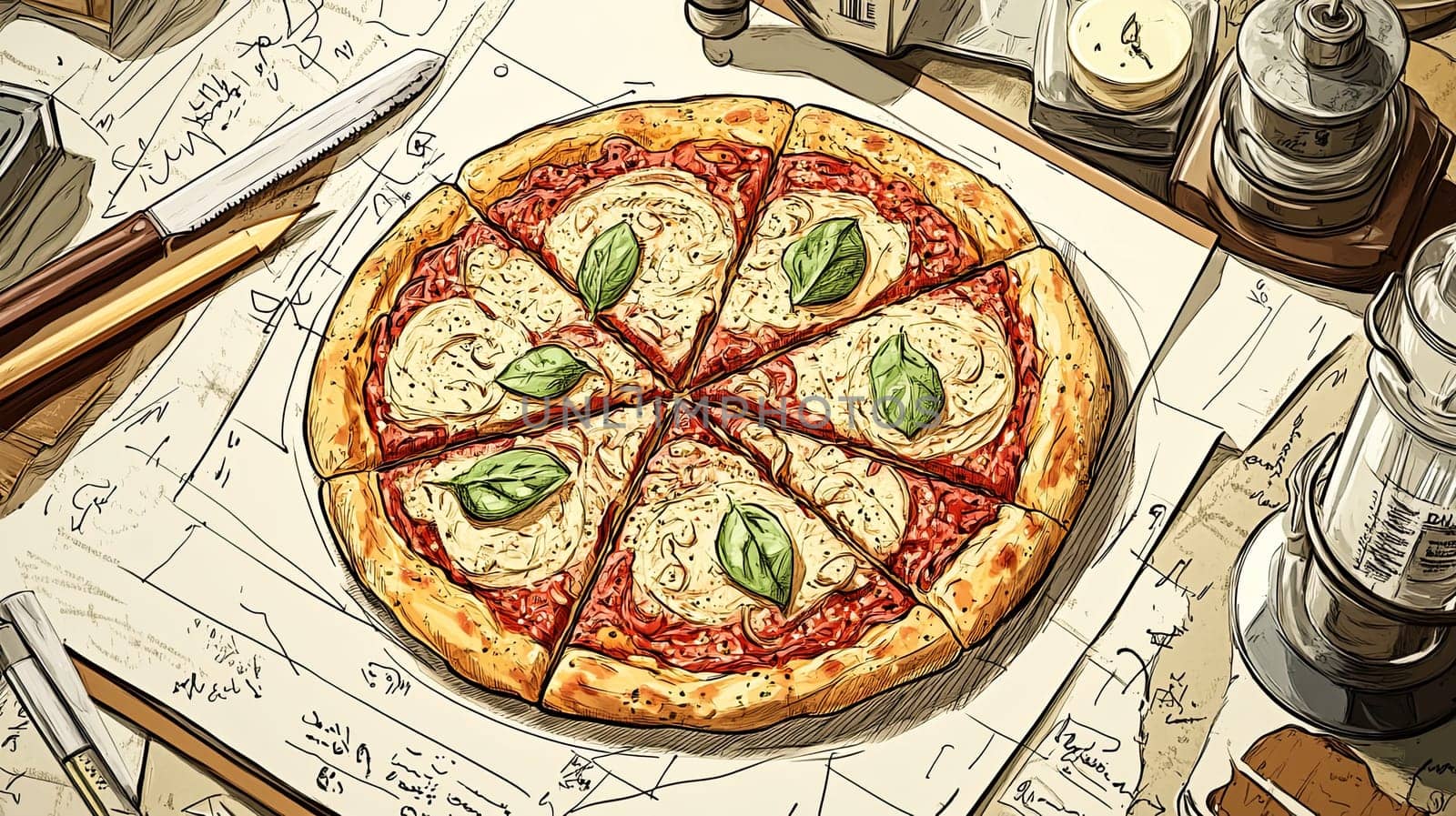 A detailed infographic menu features a tempting pizza topped with fresh basil on a rustic wooden table, accompanied by various kitchen tools and notes, showcasing culinary creativity.