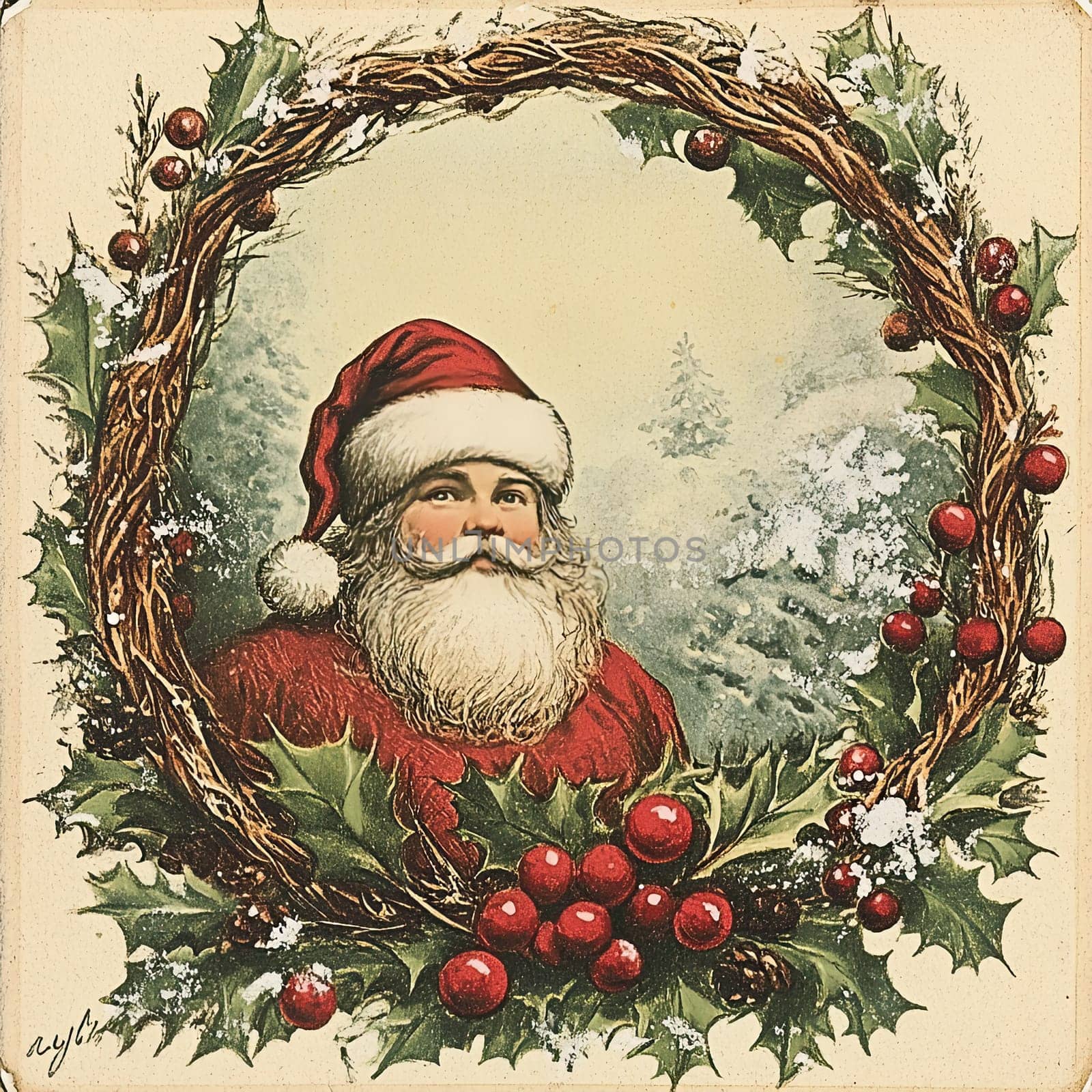 A classic portrayal of Santa Claus inside a wreath adorned with holly and berries, conveying a timeless Christmas charm amidst a snowy backdrop.