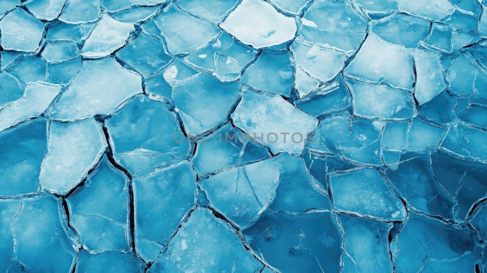 The surface showcases fractured ice pieces in varying sizes, creating a mosaic against the vivid turquoise water beneath on a bright winter day.