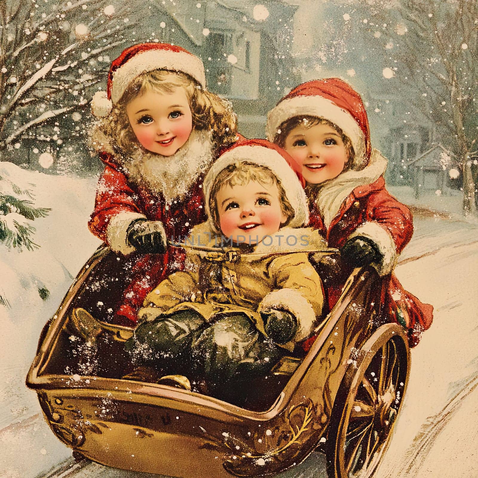 Three happy children dressed in winter attire are joyfully riding in a sleigh while surrounded by gently falling snow. The scene captures the essence of the holiday spirit.