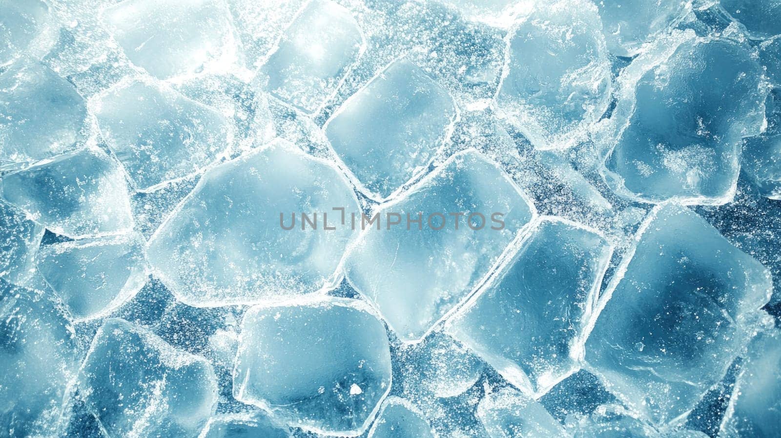 A collection of clear ice cubes is spread across a blue surface, highlighting their crisp texture and shimmering transparency in bright light, creating a cool visual effect.