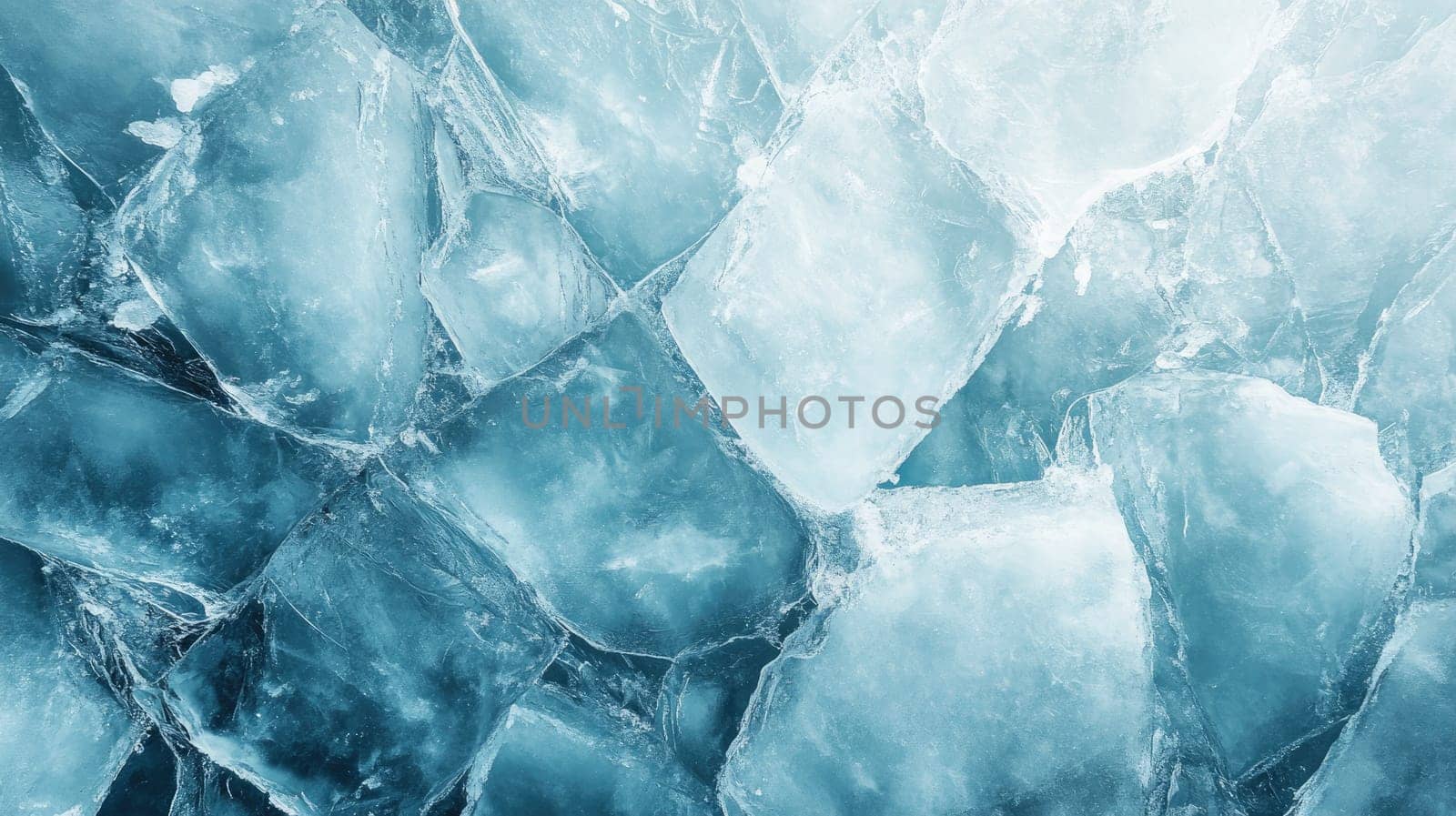 The clear ice cubes are arranged in an overlapping pattern, showcasing varying shades of blue. They reflect light, creating a bright and cool atmosphere.