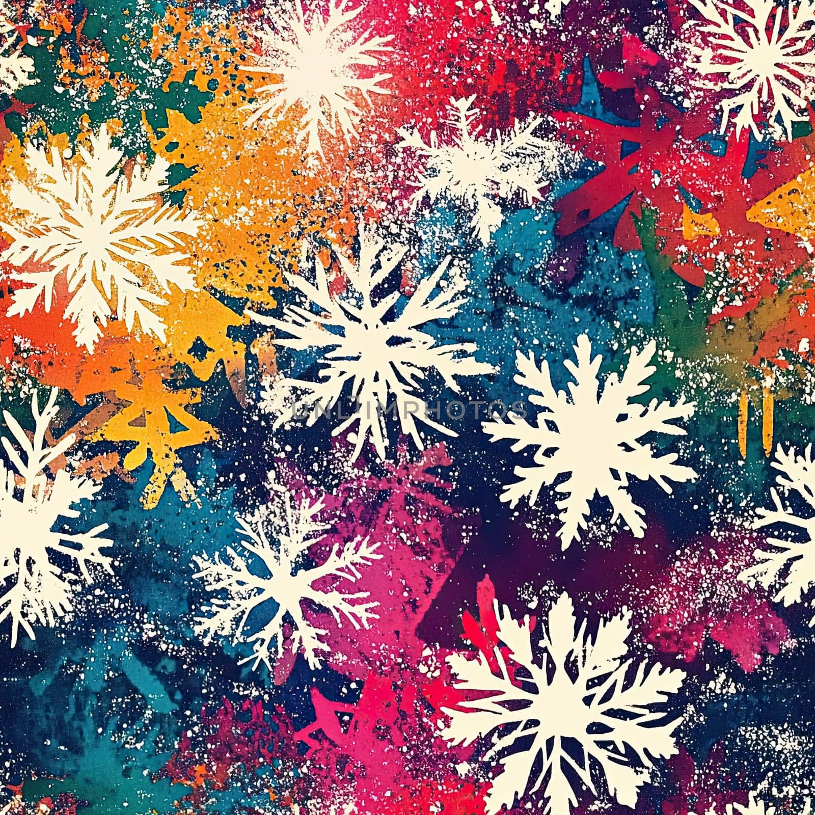 Bright, colorful snowflakes float across a vivid background filled with artistic splashes, capturing the playful essence of winter's charm in a creative way.