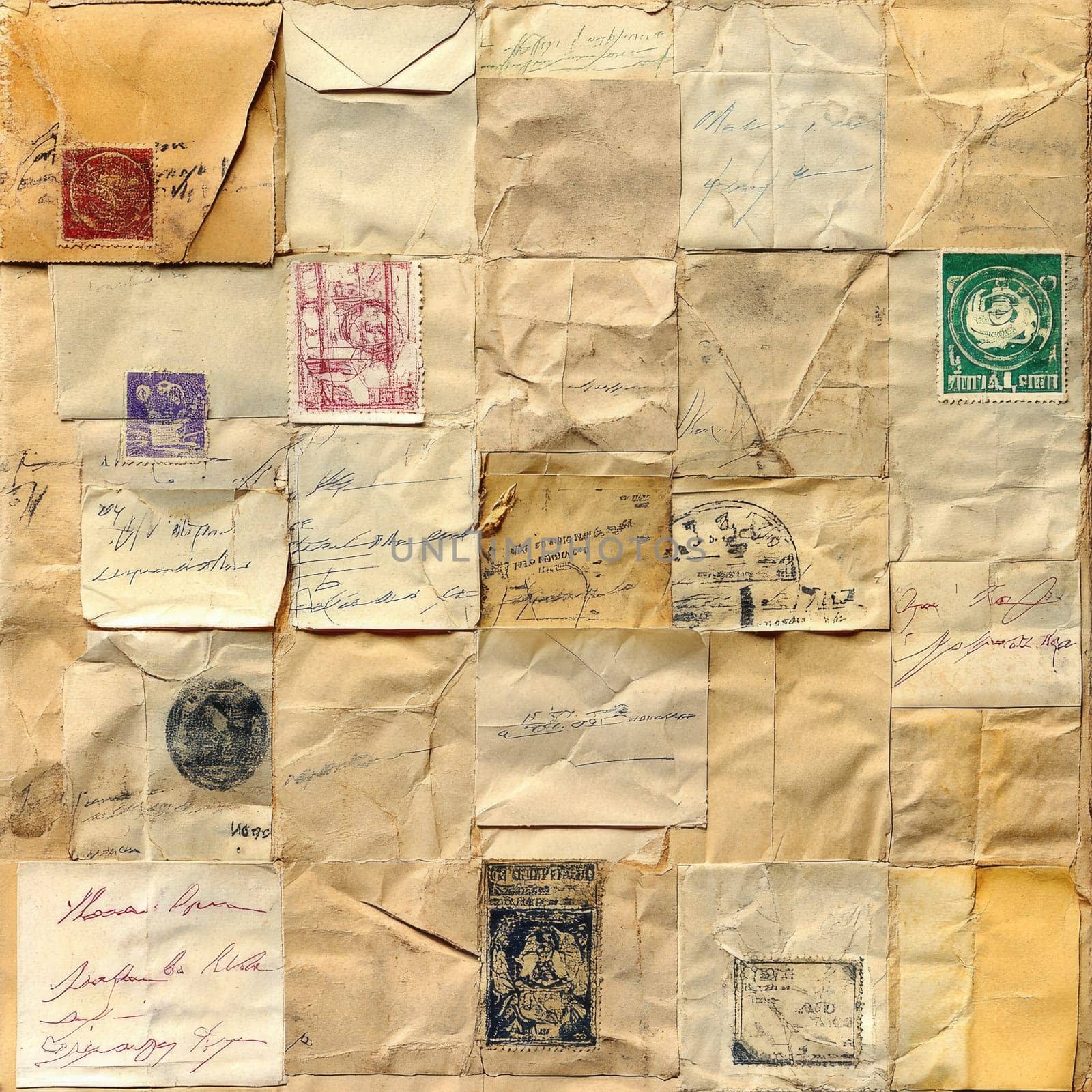An assortment of aged letters and envelopes featuring unique stamps and handwritten notes, reflecting different historical periods and communication styles.