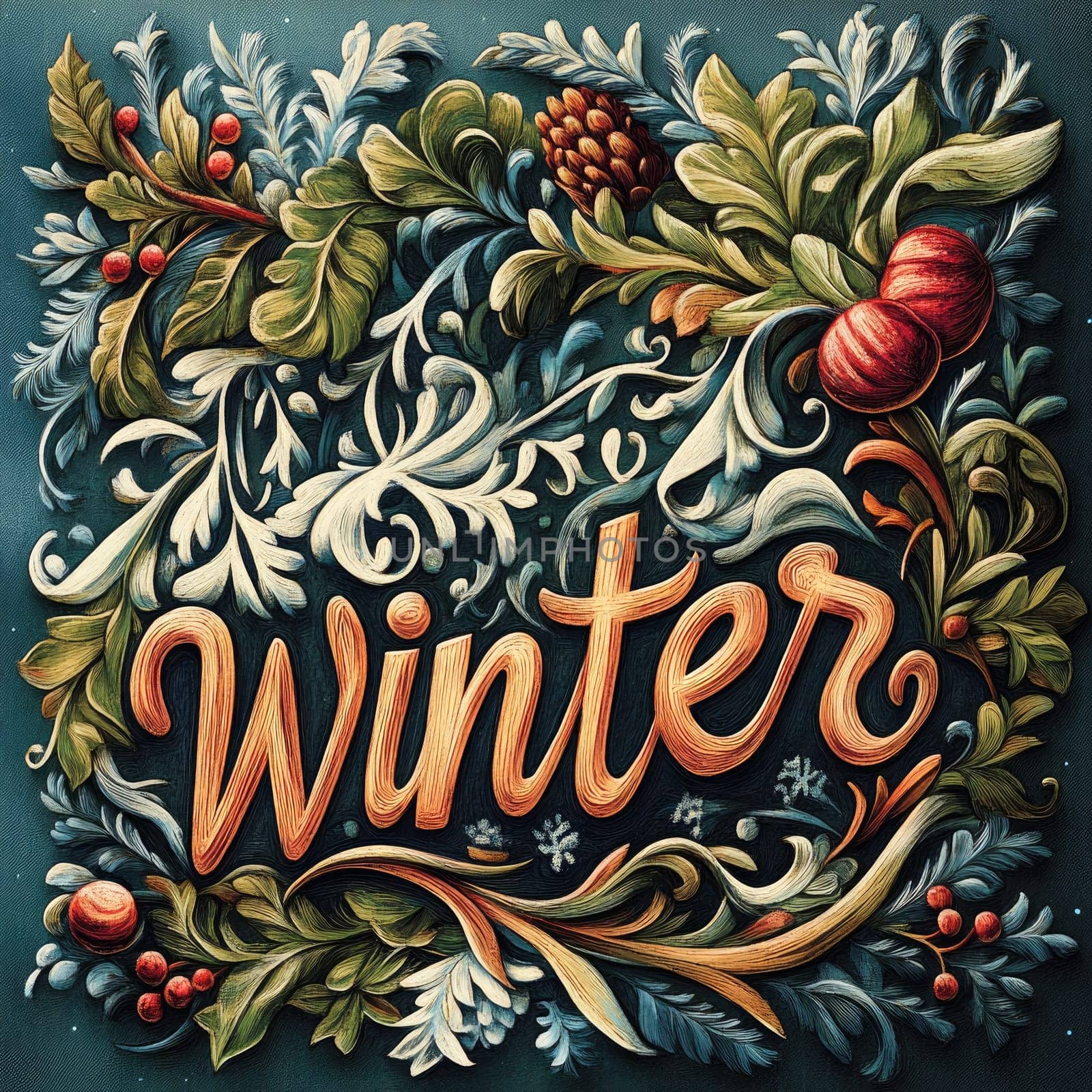 This artwork showcases a vibrant, detailed design with winter-themed foliage surrounding the word Winter, highlighting seasonal elements like berries and pine cones.
