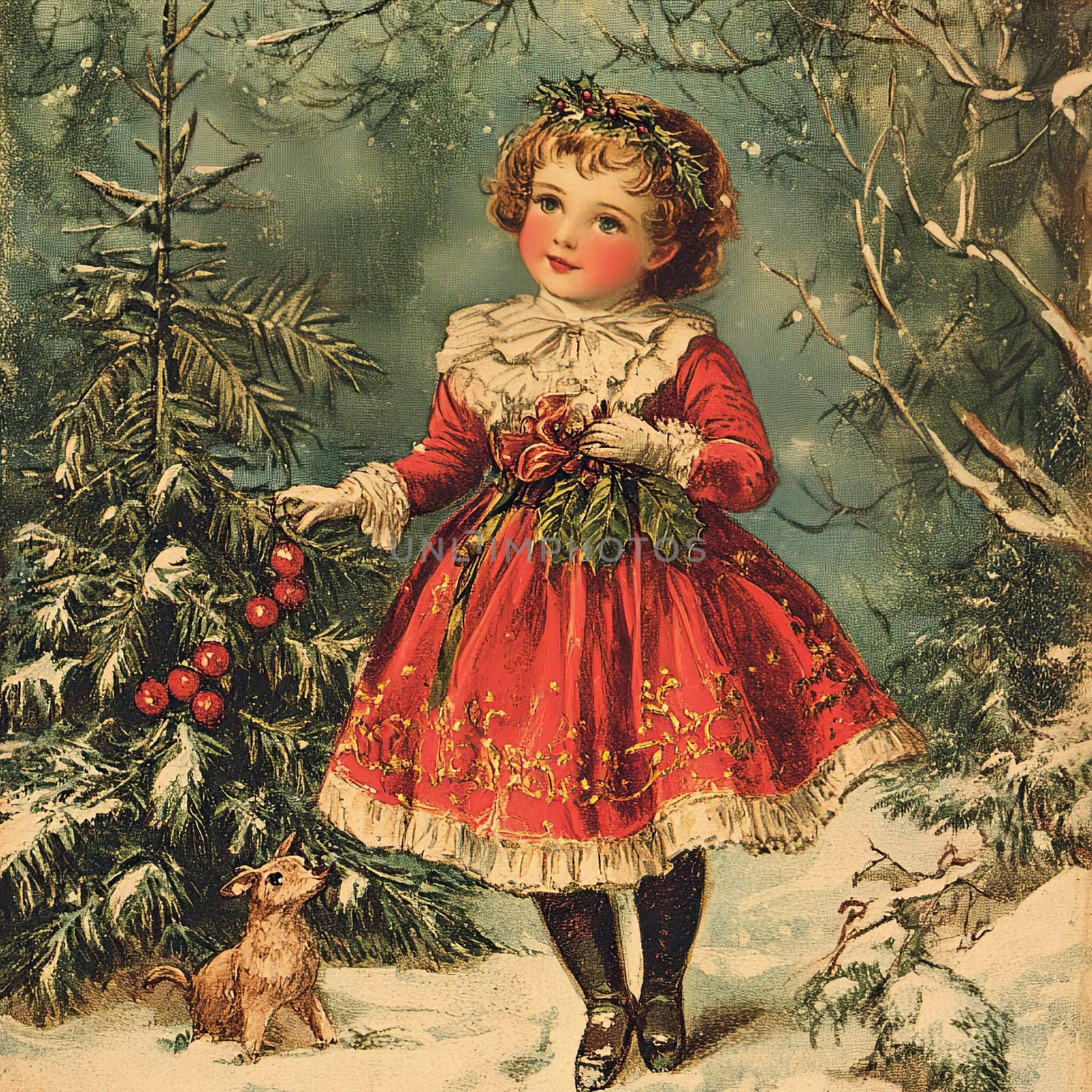 A cheerful girl dressed in a vibrant red outfit hangs ornaments on a snowy Christmas tree, with a small dog by her side, evoking a festive winter atmosphere.