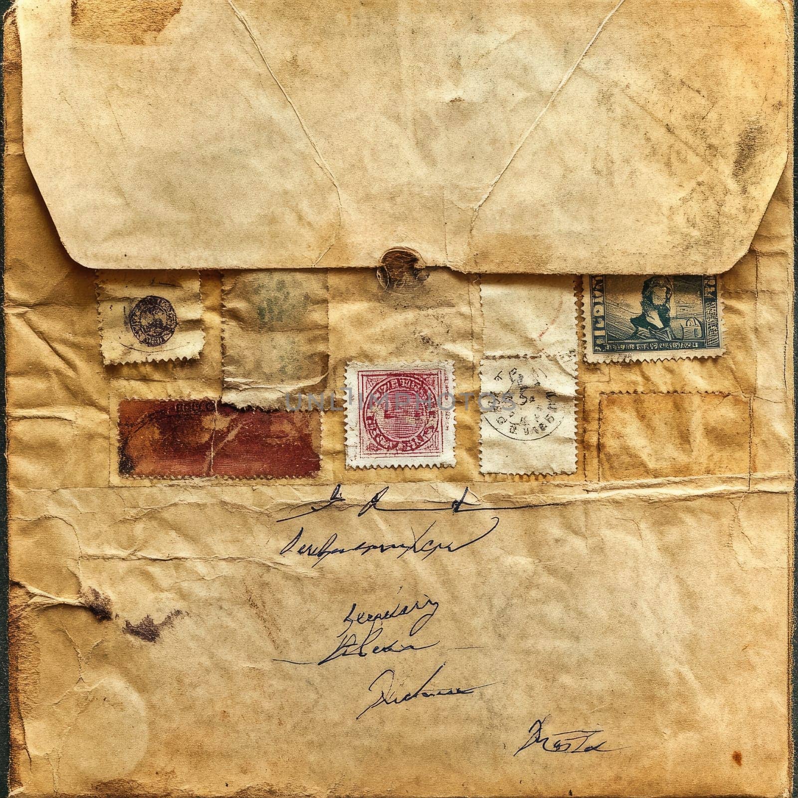 This weathered envelope features a collection of diverse stamps and handwritten messages, showcasing historical postal art and personal communication.