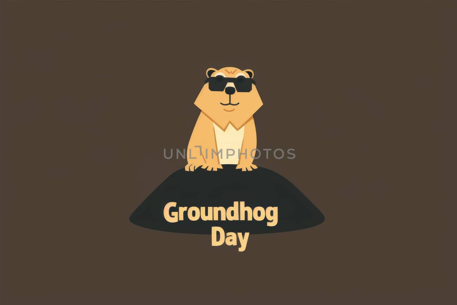 Minimalist illustration featuring a confident groundhog wearing sunglasses atop its burrow. the design integrates groundhog day text, ideal for contemporary print materials, posters, and cards.