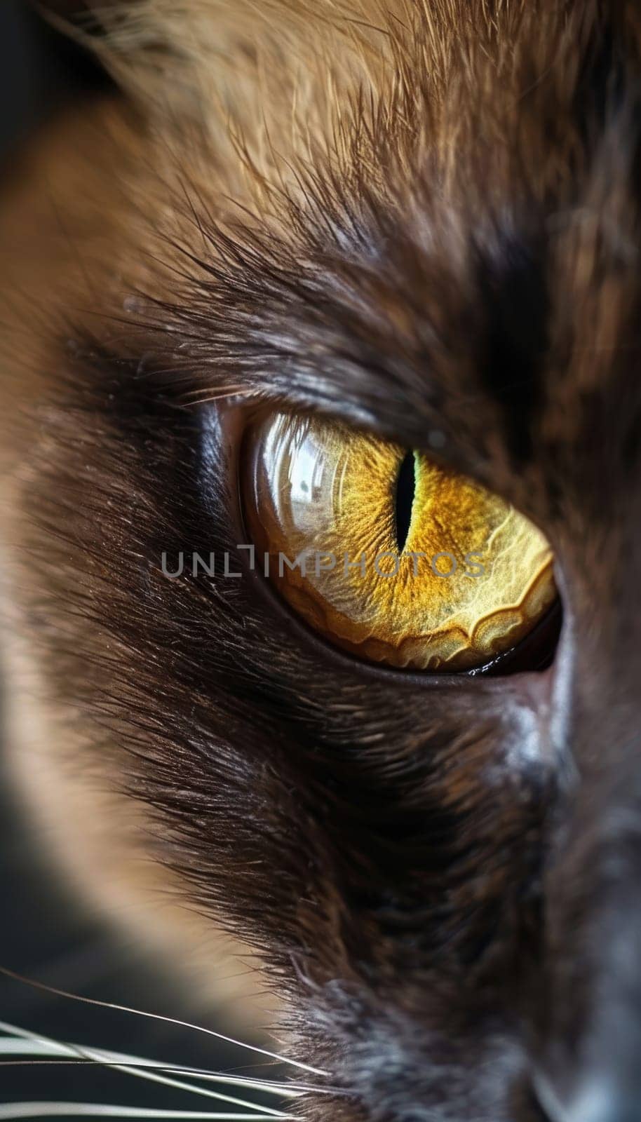 Captivating close-up of a burmese cat's intense golden eyes, emphasizing their sharpness while soft focus accentuates the sleek dark brown fur. the softly blurred background enhances the cat's striking gaze.