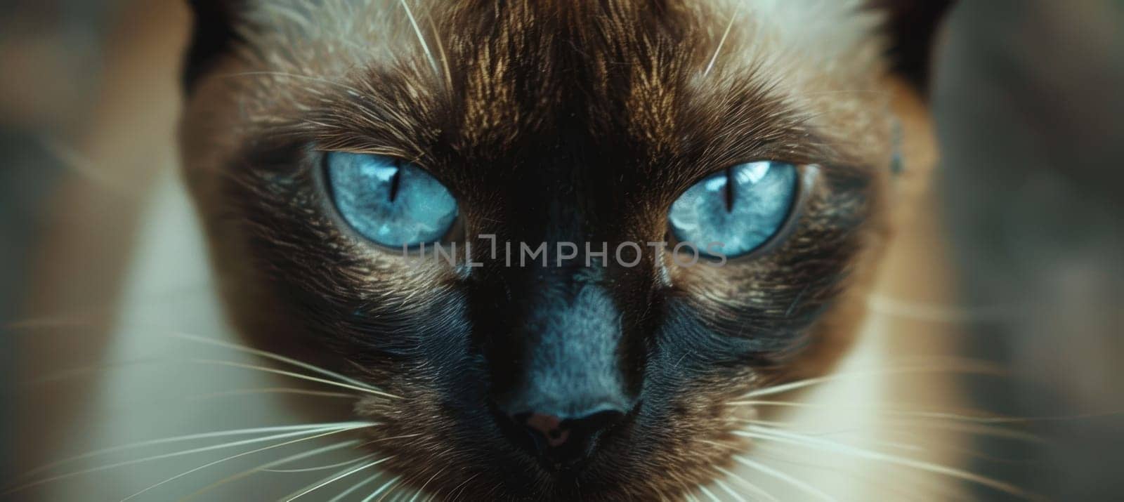Striking close-up of a siamese cat's face its vivid blue eyes against a softly blurred background. the cat's elegant expression captures a sense of luxury, perfect for elevating pet brand visuals or refined design projects.