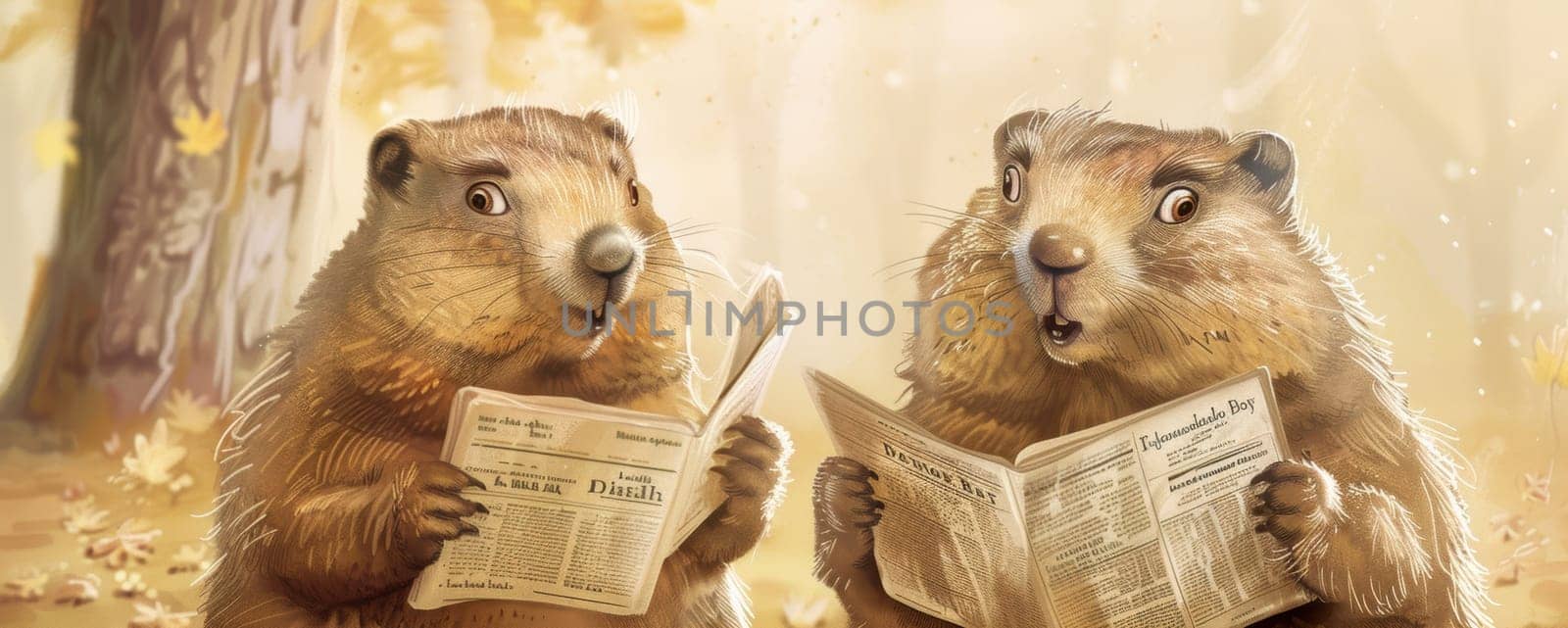 Two charming groundhogs are depicted during groundhog day, one surprised by its shadow while the other reads a newspaper. the soft, warm color scheme adds to the playful and festive atmosphere of the scene.