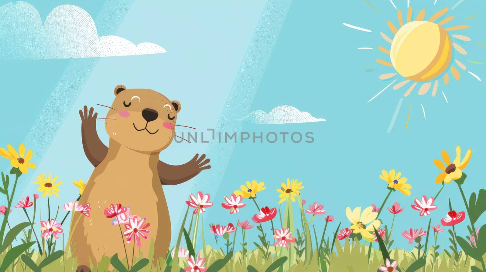 Cheerful groundhog day card featuring an adorable groundhog waving amidst blooming spring flowers. a bright sun shines in a clear blue sky, adding warmth and joy to the scene. ideal for festive greetings.