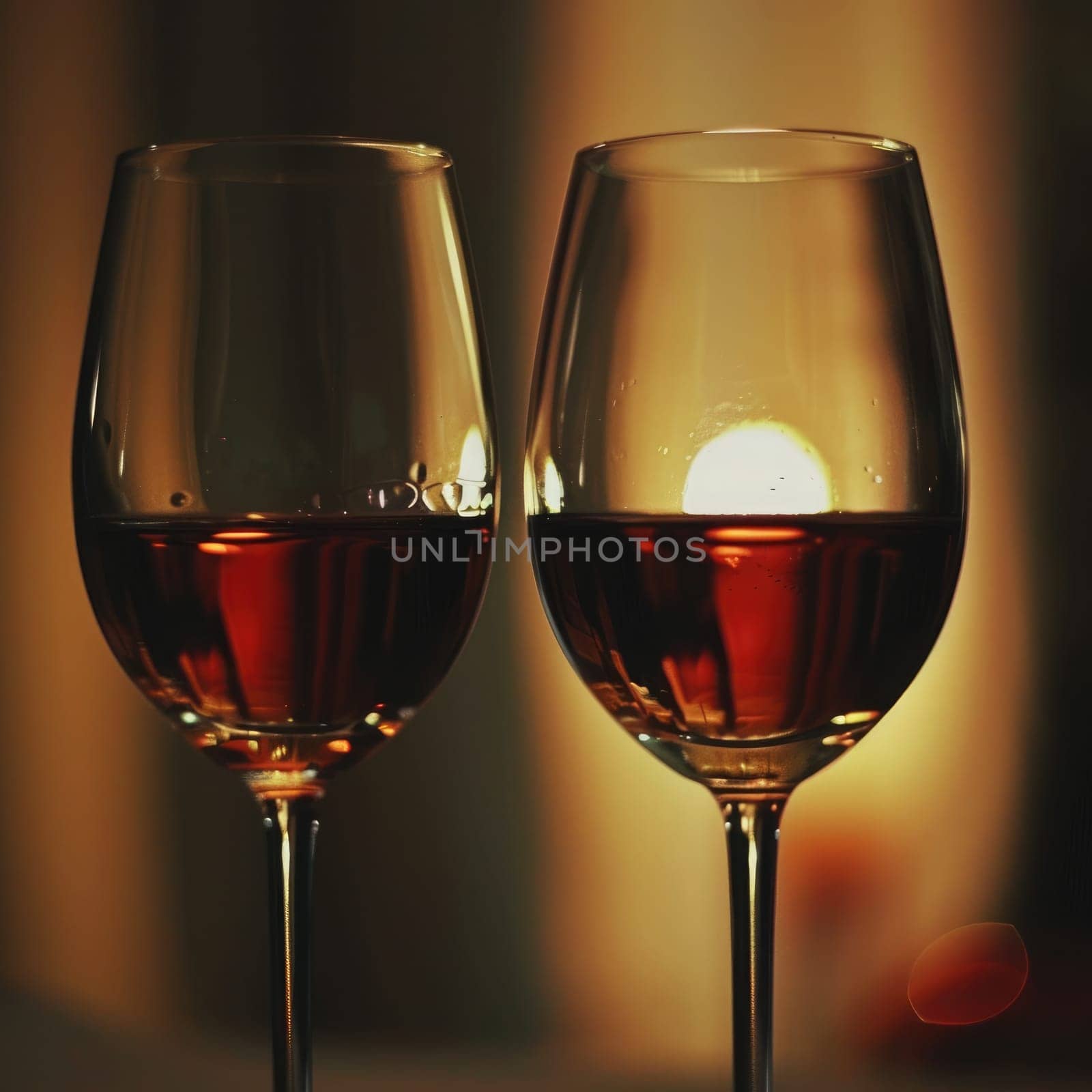 Two delicate wine glasses sit on a table, filled with dark red liquid. A warm candlelight creates a soothing ambiance, enhancing the intimate atmosphere of the evening.
