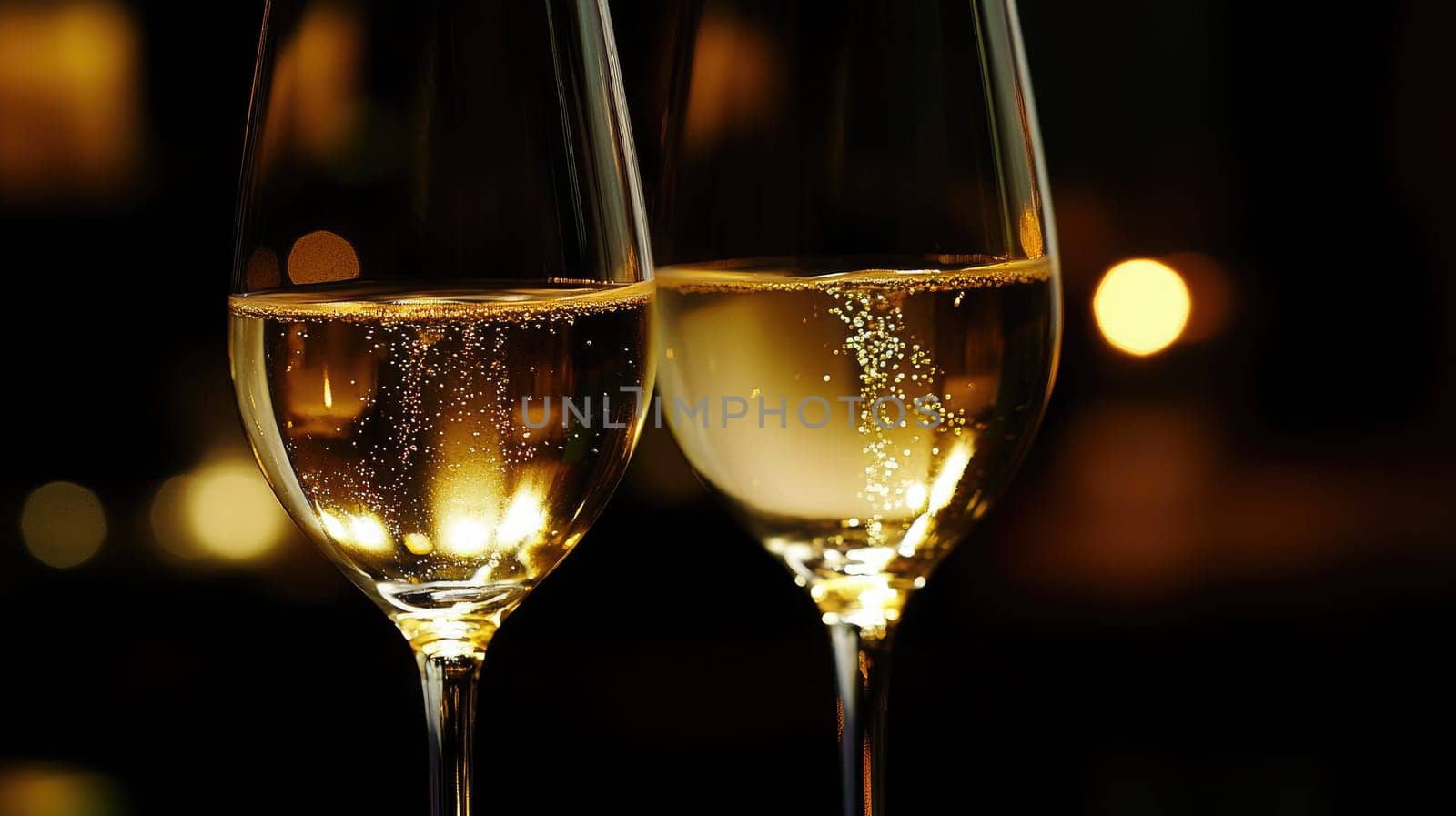 Two sparkling glasses of champagne stand side by side, filled with effervescent bubbles, reflecting warm candlelight in a cozy and intimate atmosphere.