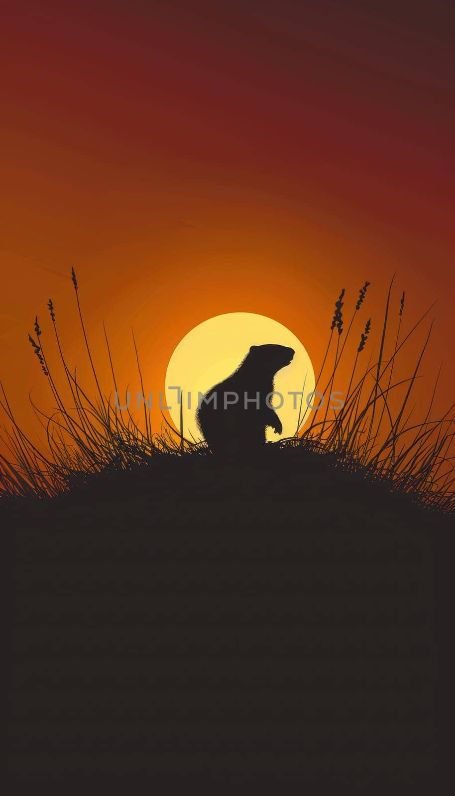 Modern groundhog day card featuring a minimalist silhouette of a groundhog on a grassy hill, set against a vibrant sunset. the design incorporates warm, earthy tones with side space for text, ideal for print and posters.
