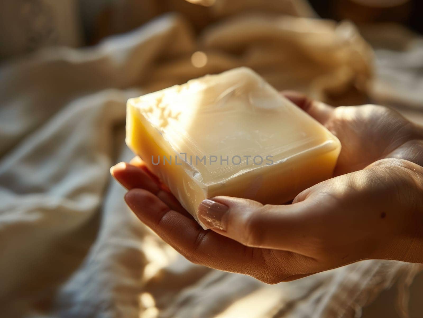 A pair of hands cradles a bar of natural handmade soap, highlighting its creamy texture and warm tones in a softly illuminated indoor space.