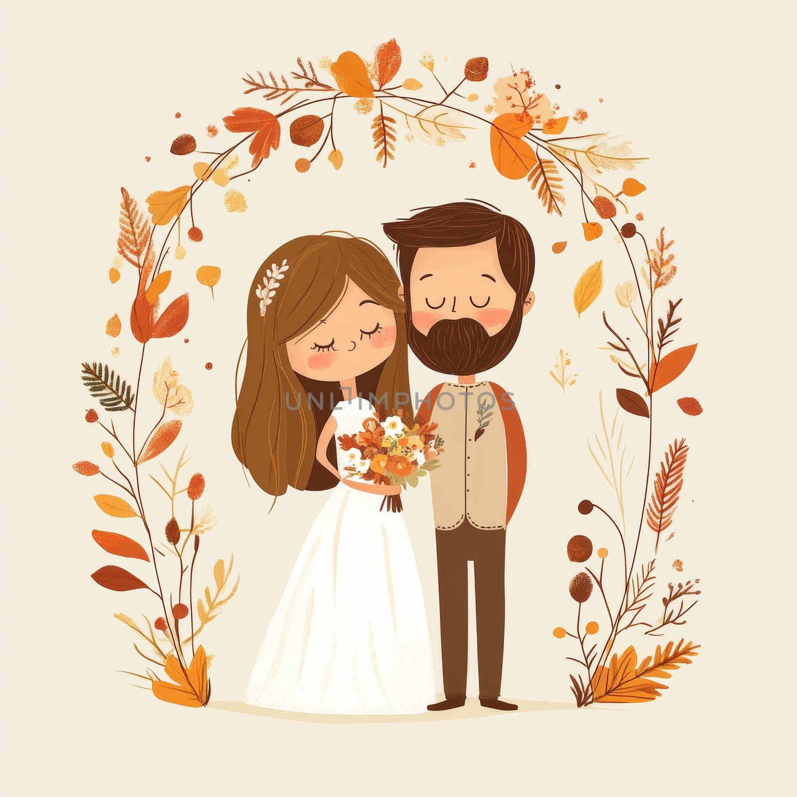 An image of a bride and groom in wedding attire, looking at each other. They are surrounded by flowers. High quality photo