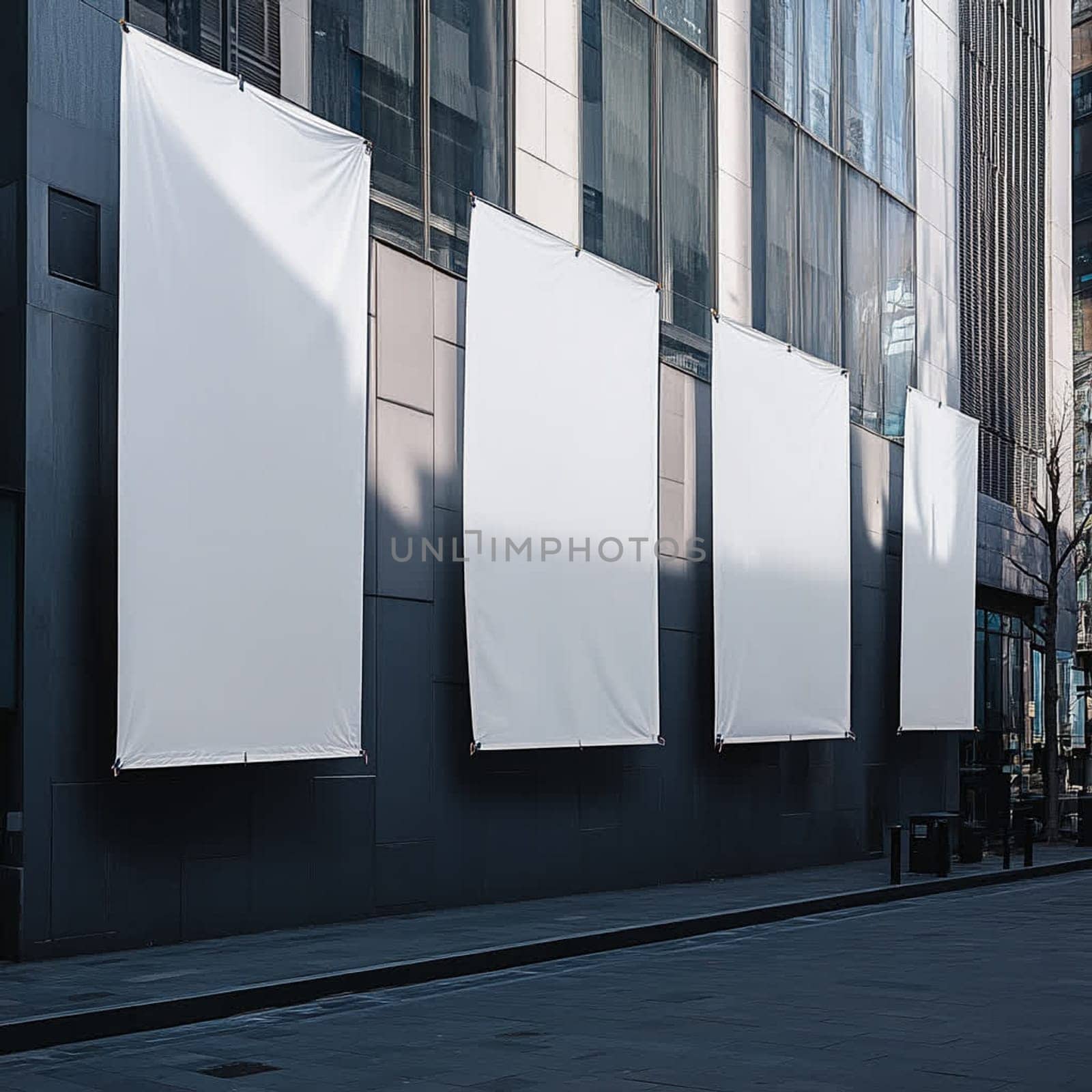 four big empty vertical poster on the street apartment billboards mockup . High quality photo