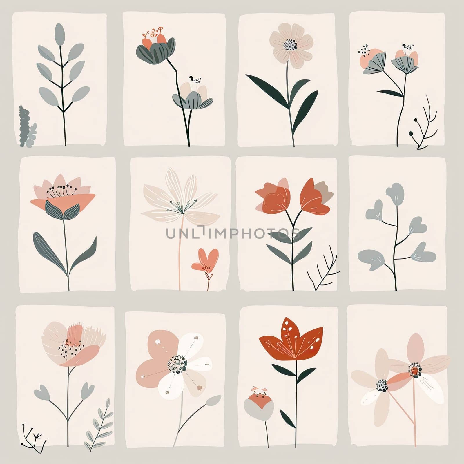 A collection of twelve unique floral designs features various flowers and leaves arranged within a grid layout, highlighting vibrant colors and simple elegance.
