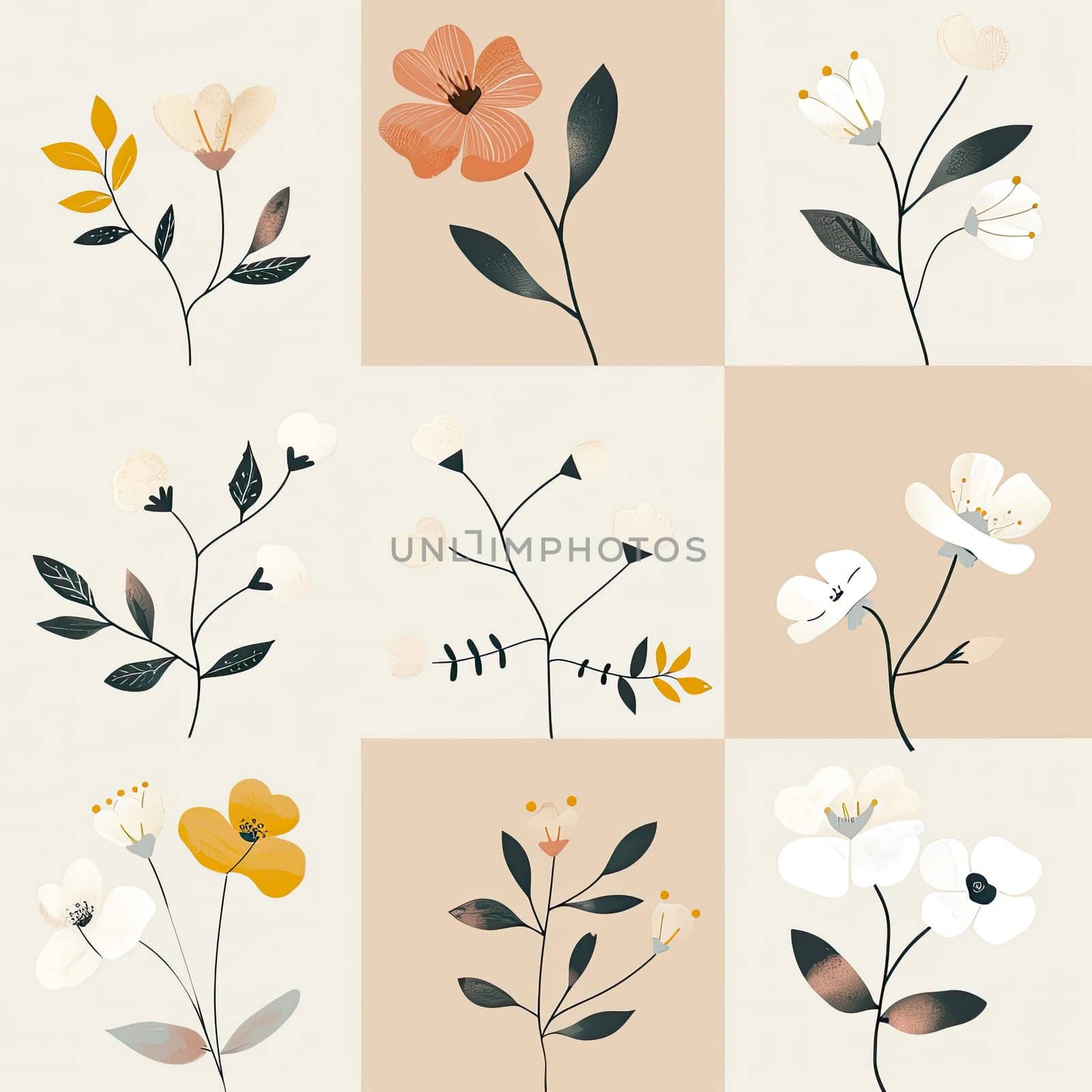 A collection of various flower designs and leaves arranged in a grid pattern, featuring warm and neutral tones that create a harmonious aesthetic.