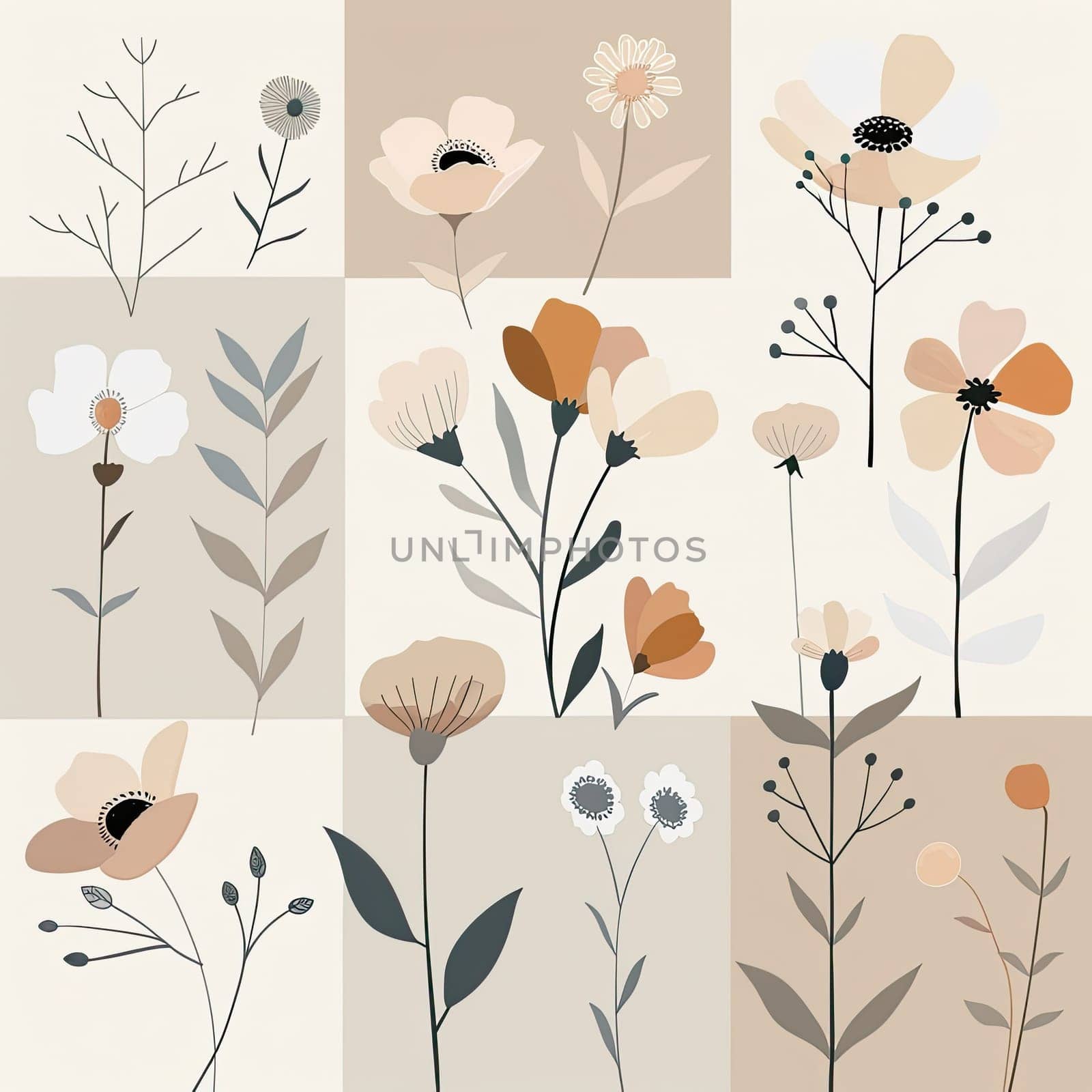 A collection of delicate floral illustrations features an array of flower types and shapes in soft pastel hues against a muted backdrop, highlighting their beauty and variety.