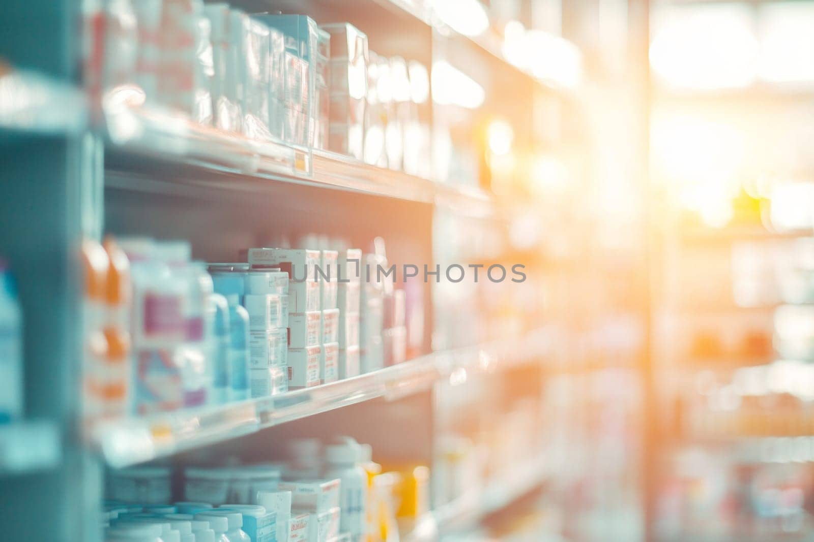 Abstract image of a showcase with medicines, cosmetics in a pharmacy. High quality photo