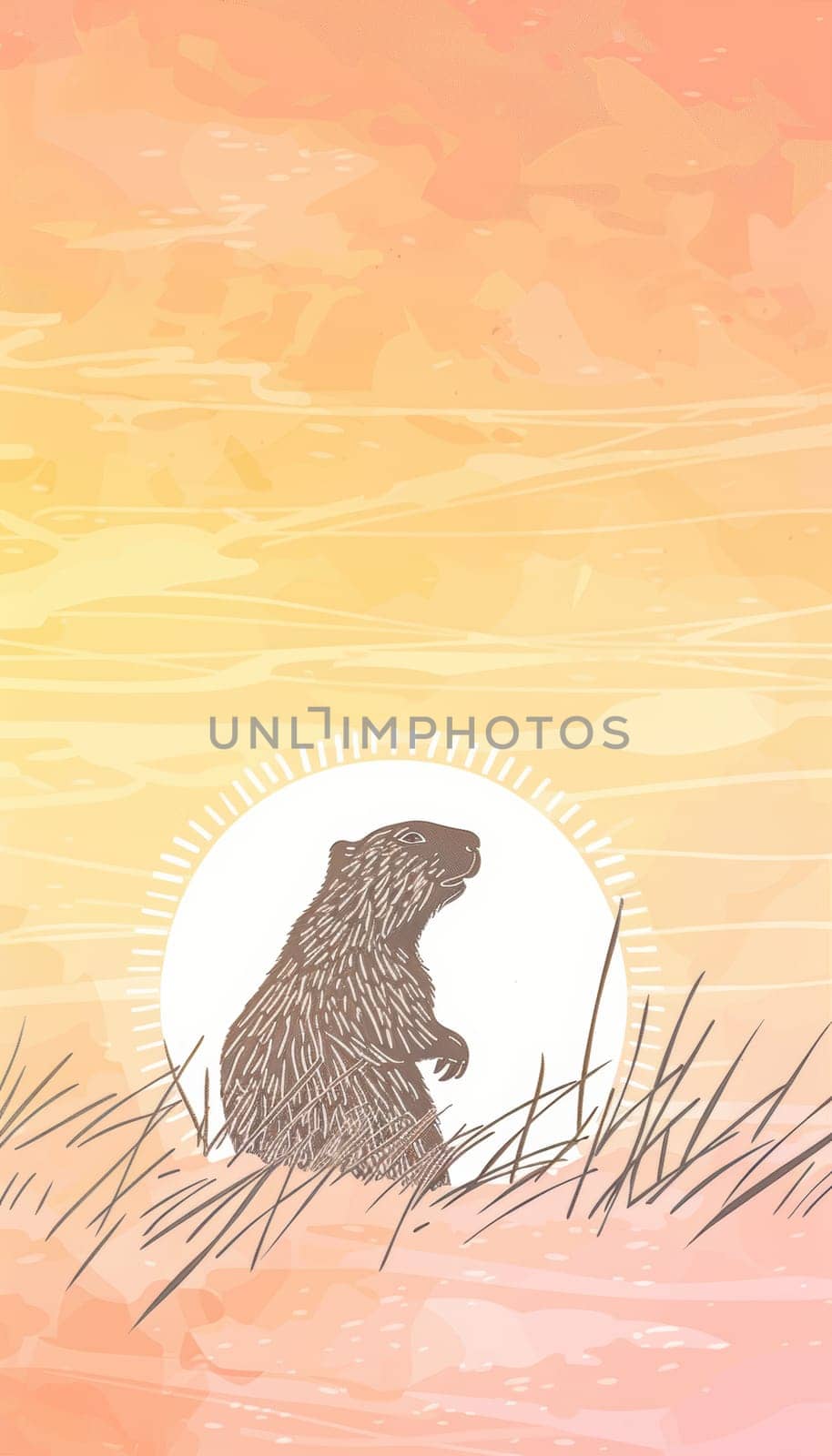 Stylized groundhog silhouette against a glowing sunrise on a grassy hill, set in gentle pastel hues. ideal for groundhog day cards. includes space for celebration text, blending nature and festivity.