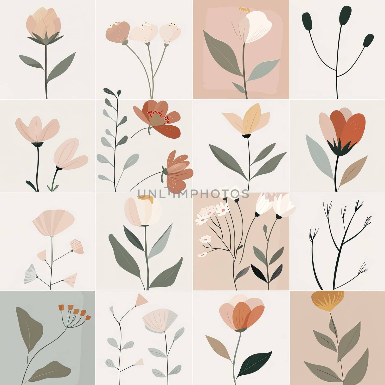 A vibrant grid features a variety of flower illustrations, each with unique shapes and colors. The soft tones create a calming atmosphere, perfect for home decor.