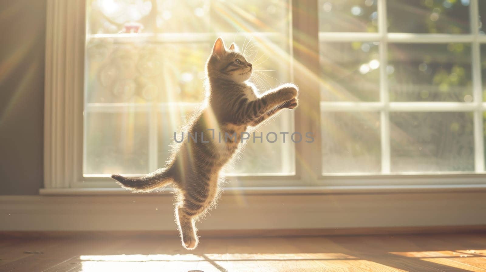 A dynamic shot of a tabby kitten in mid-air as it leaps to catch a toy, set in a bright room with sunlit windows. the lively, playful scene joy and energy of pets, ideal for promoting pet products.