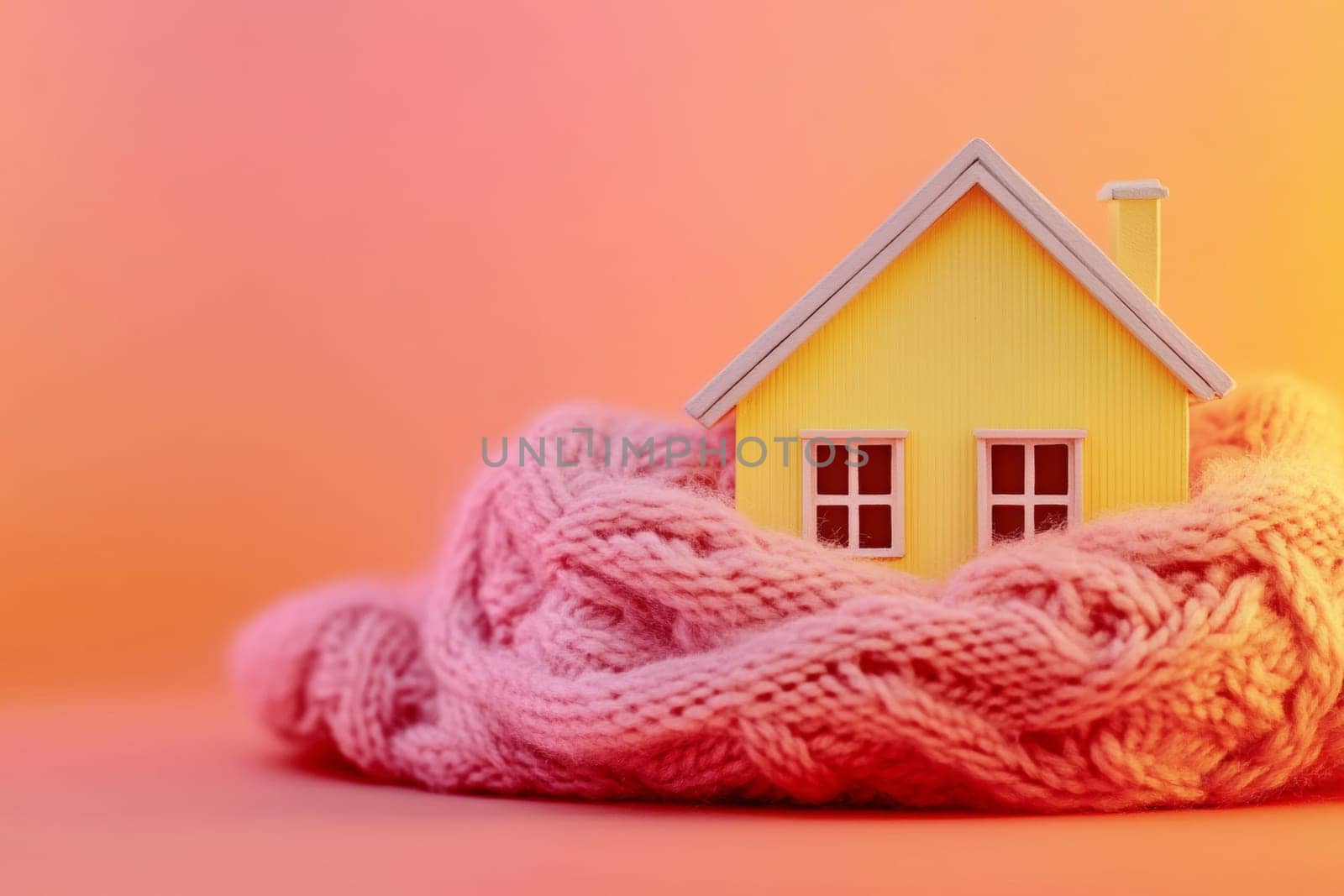 Cozy, flat toy house on isolated background. House is covered with cute woolen scarf in cold season. High quality photo
