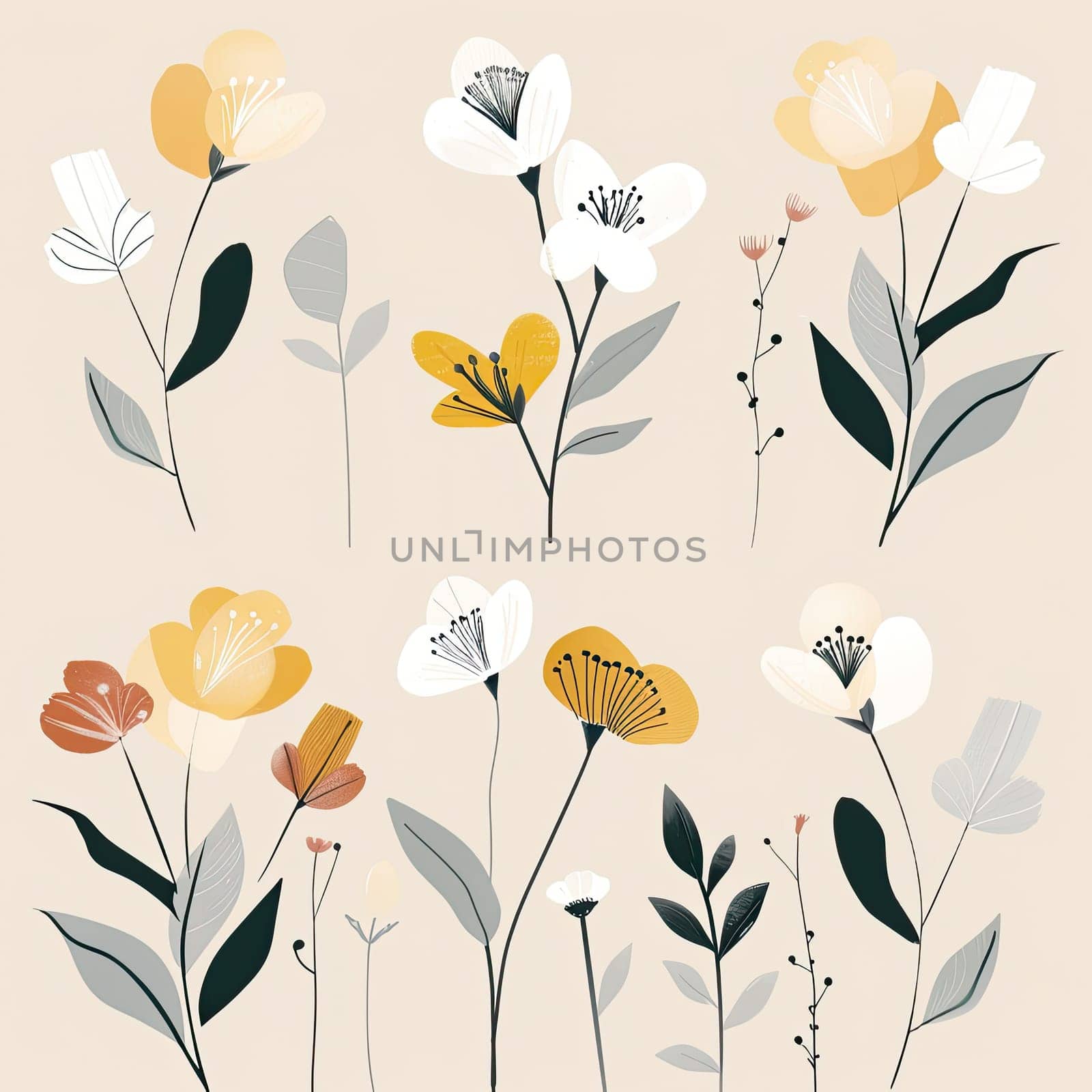 A vibrant display of various wildflowers, including yellow, white, and orange blooms, surrounded by green leaves on a soft light background, capturing the essence of spring.