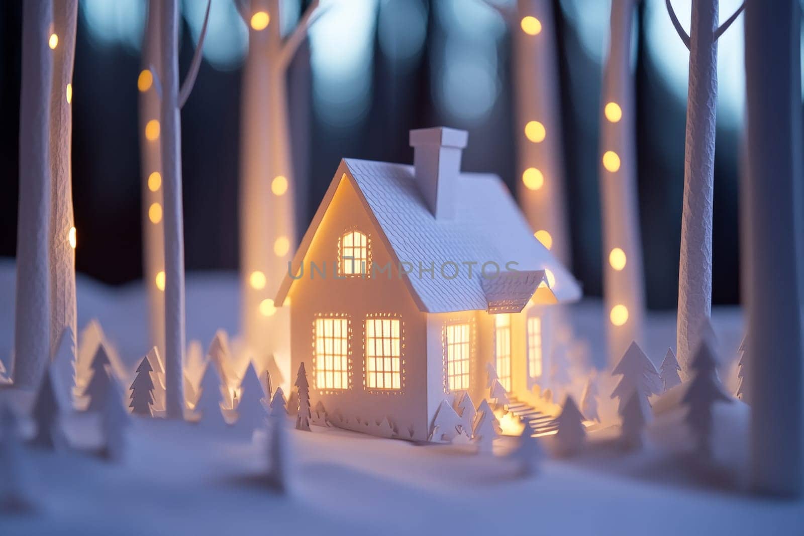 3D model of a small house on the background of a winter forest. High quality photo