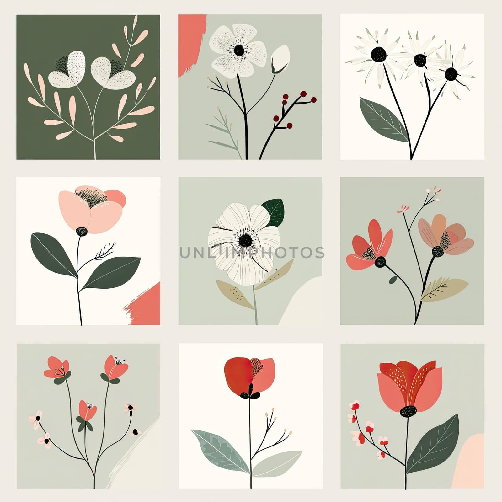 A vibrant collection of botanical illustrations featuring a variety of flowers and leaves in a grid format, with soft colors enhancing the overall composition.