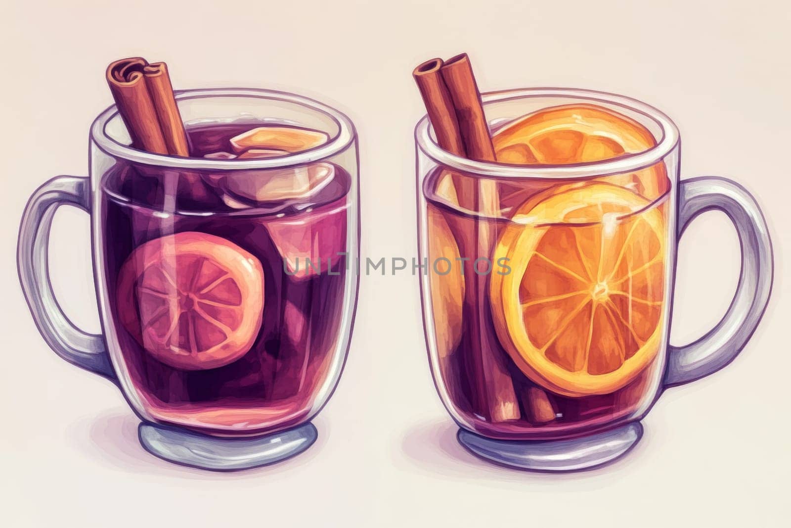 Image of two glasses of mulled wine on a light background. High quality photo