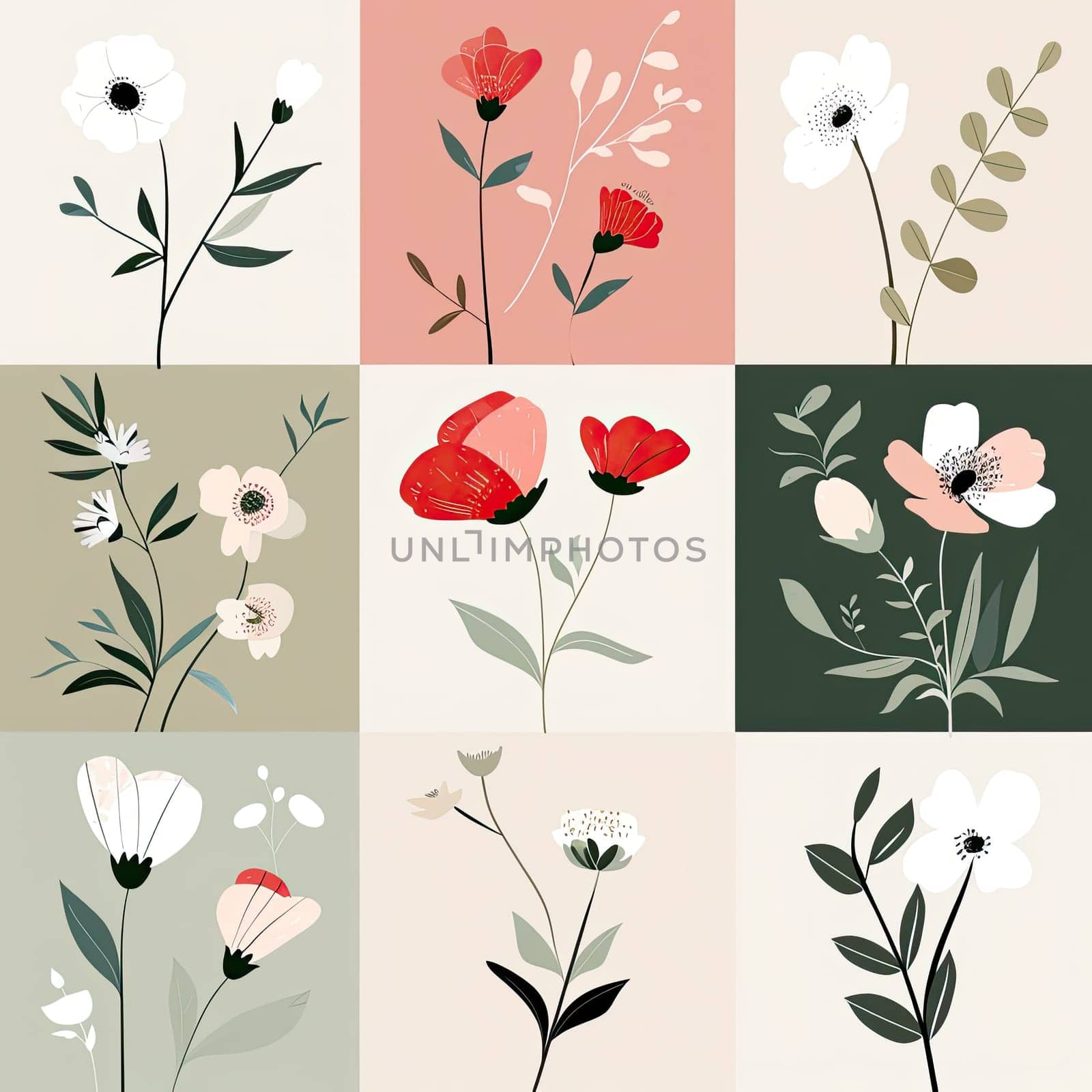This artwork displays a colorful assortment of floral illustrations, showcasing different flower types arranged in a grid, highlighting the beauty of nature.