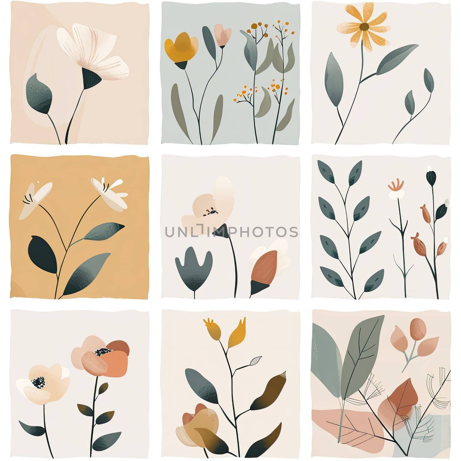 This artwork features a grid of floral illustrations, showcasing a variety of flowers and leaves in soft, earthy tones, perfect for home decor or nature lovers.